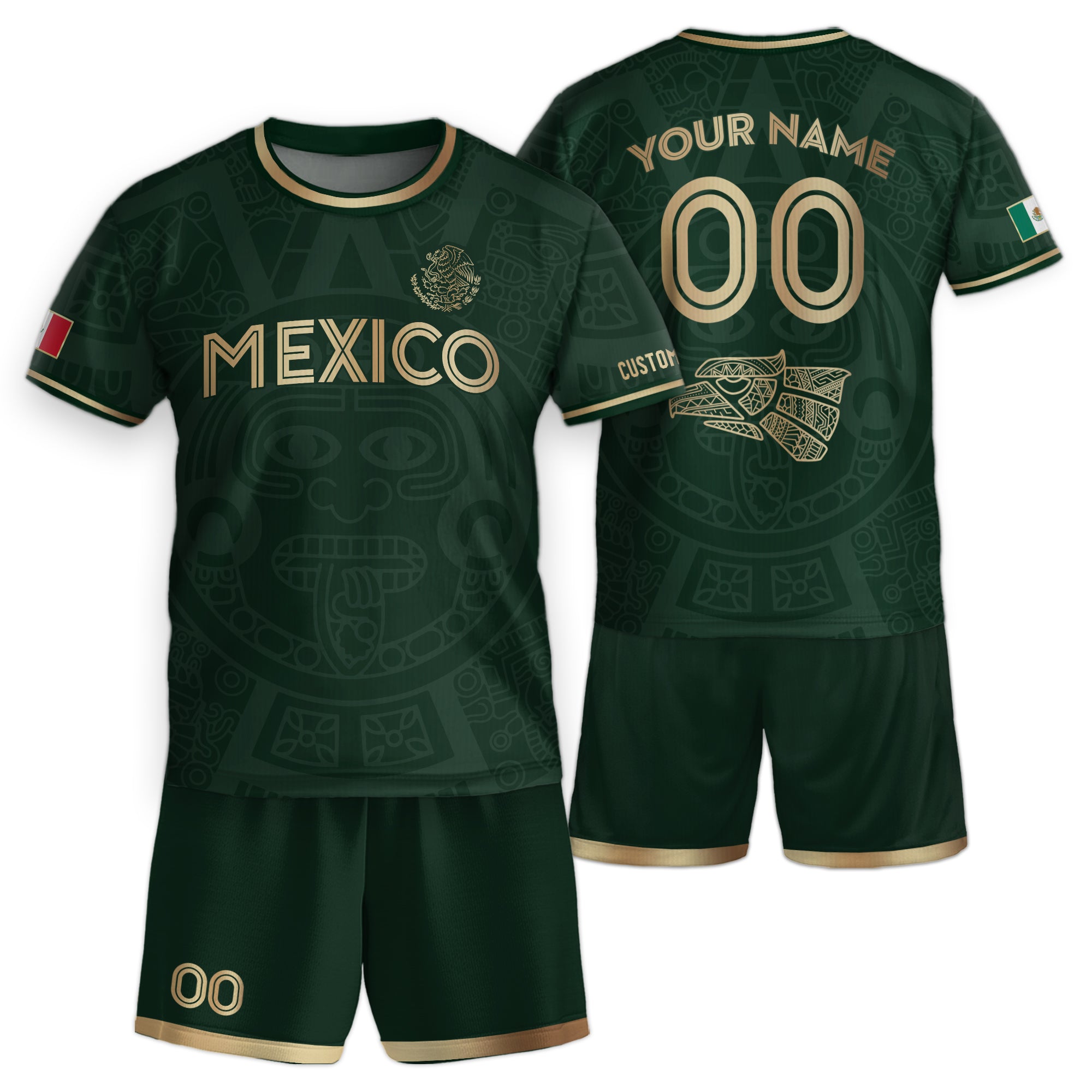 Custom Mexico Kids Soccer Jersey Green Gold Aztec Calendar Heritage Design