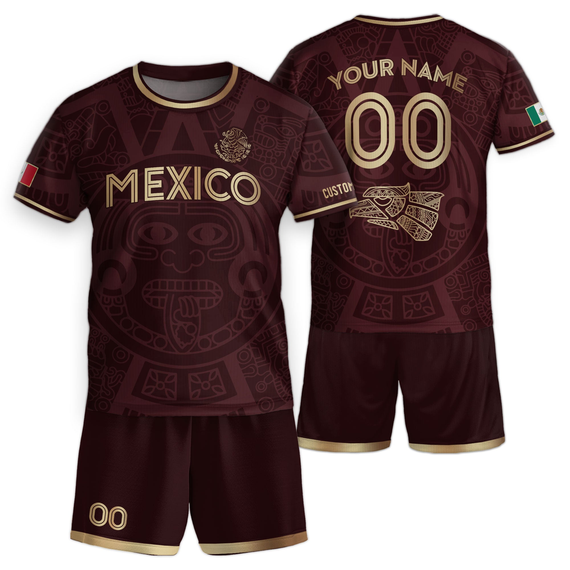 Custom Mexico Kids Soccer Jersey Burgundy Gold Aztec Calendar Heritage Design