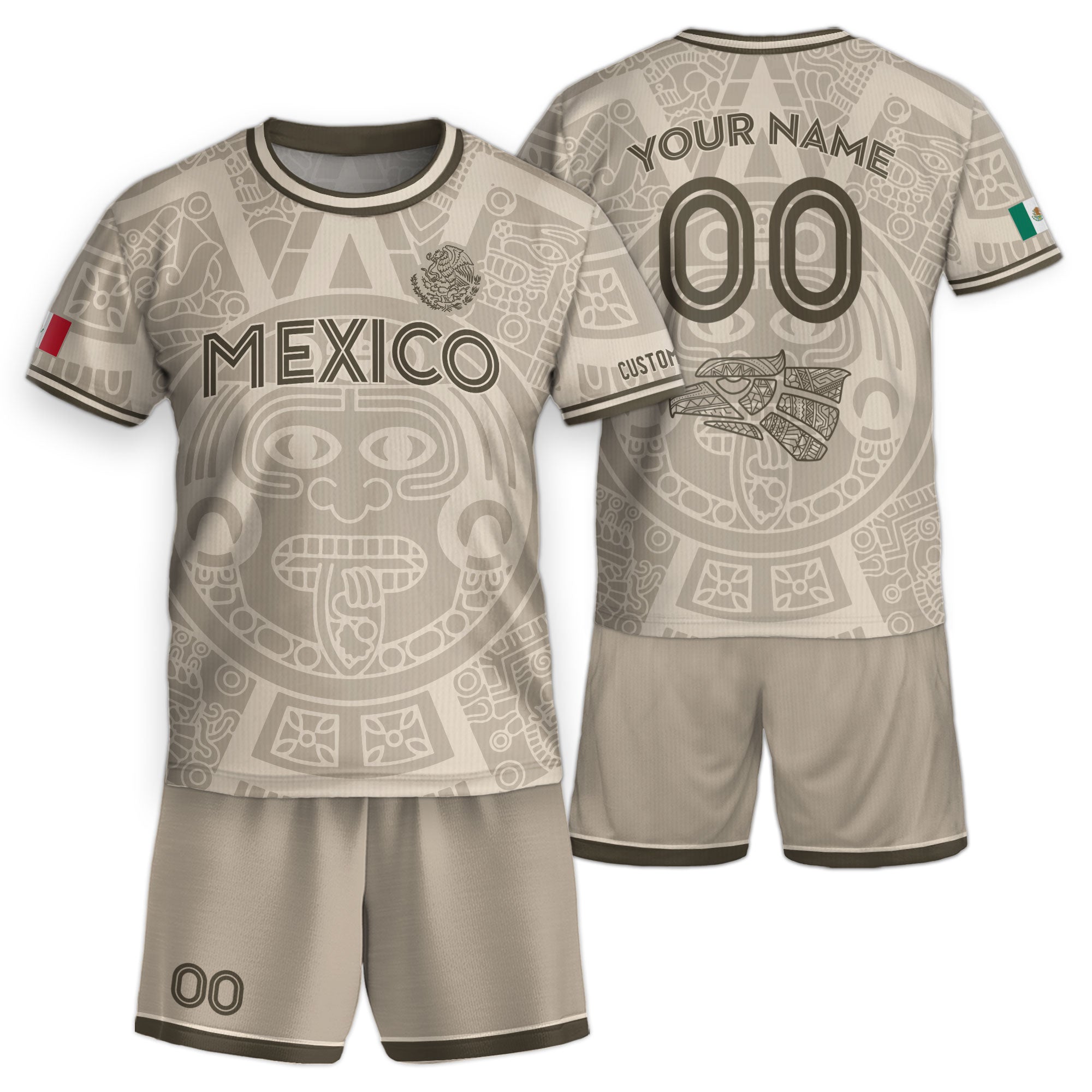 Custom Mexico Kids Soccer Jersey Beige Aztec Calendar Heritage Design