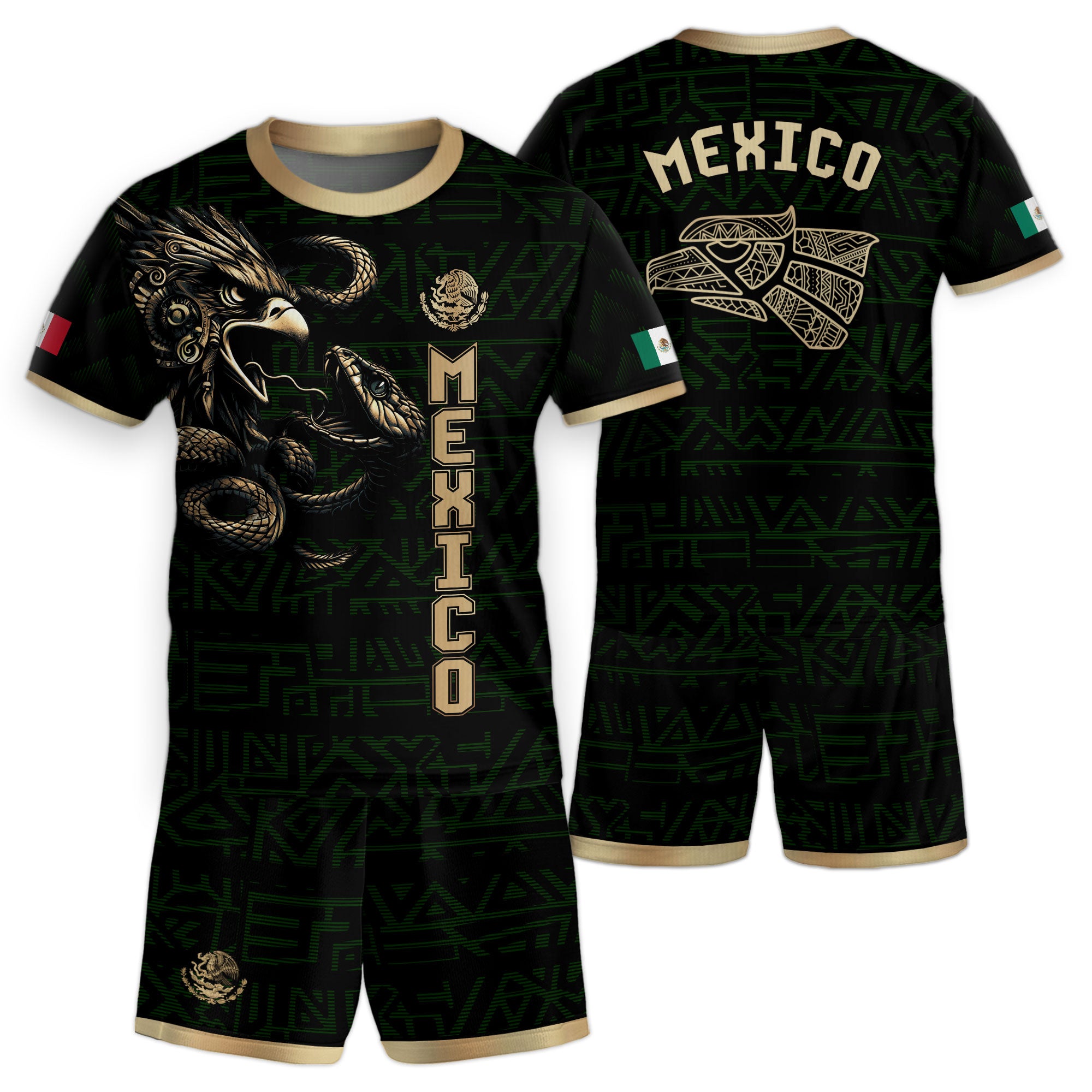 Mexico Kids Soccer Jersey Green Gold Aztec Eagle Serpent Design