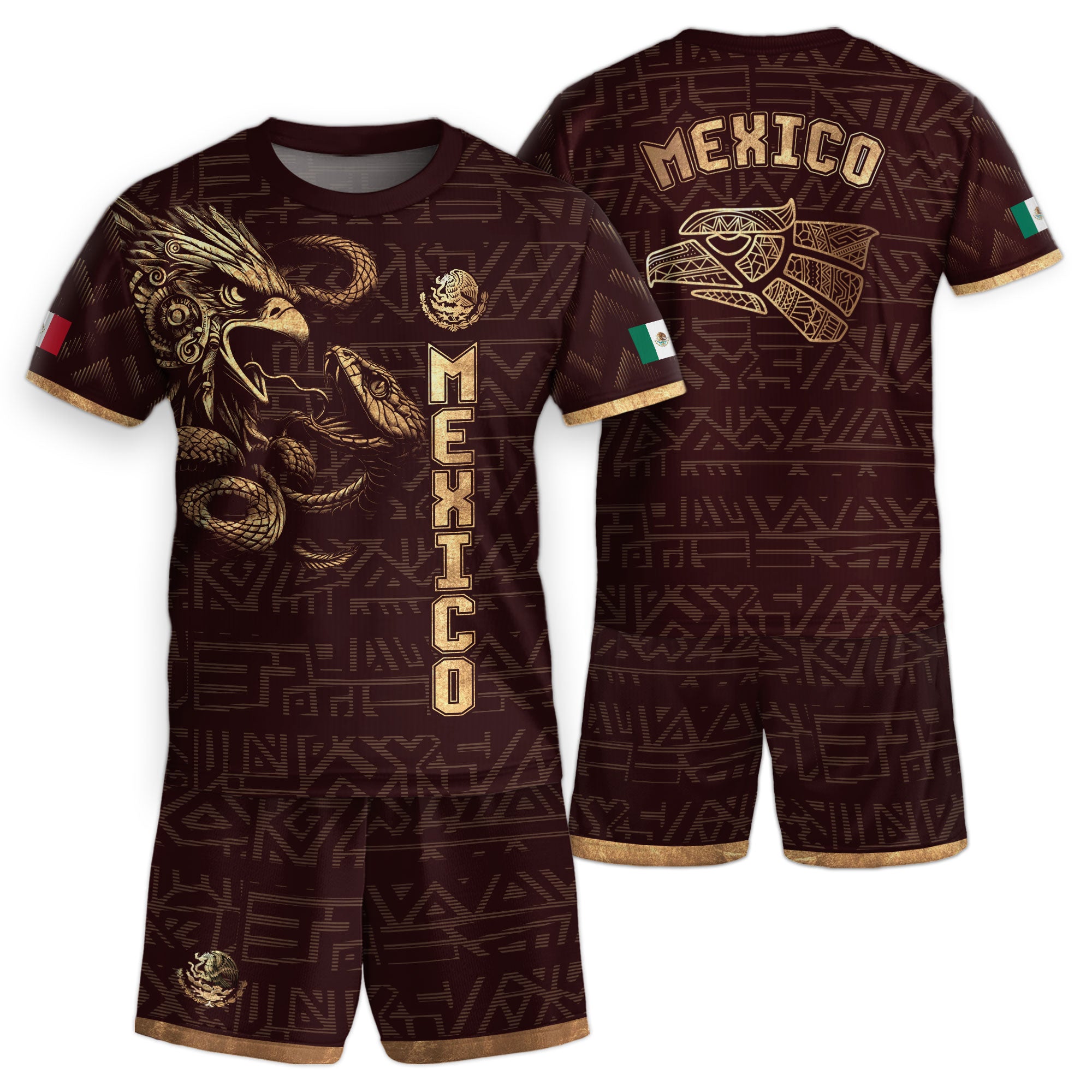 Mexico Kids Soccer Jersey Burgundy Gold Aztec Eagle Serpent Design