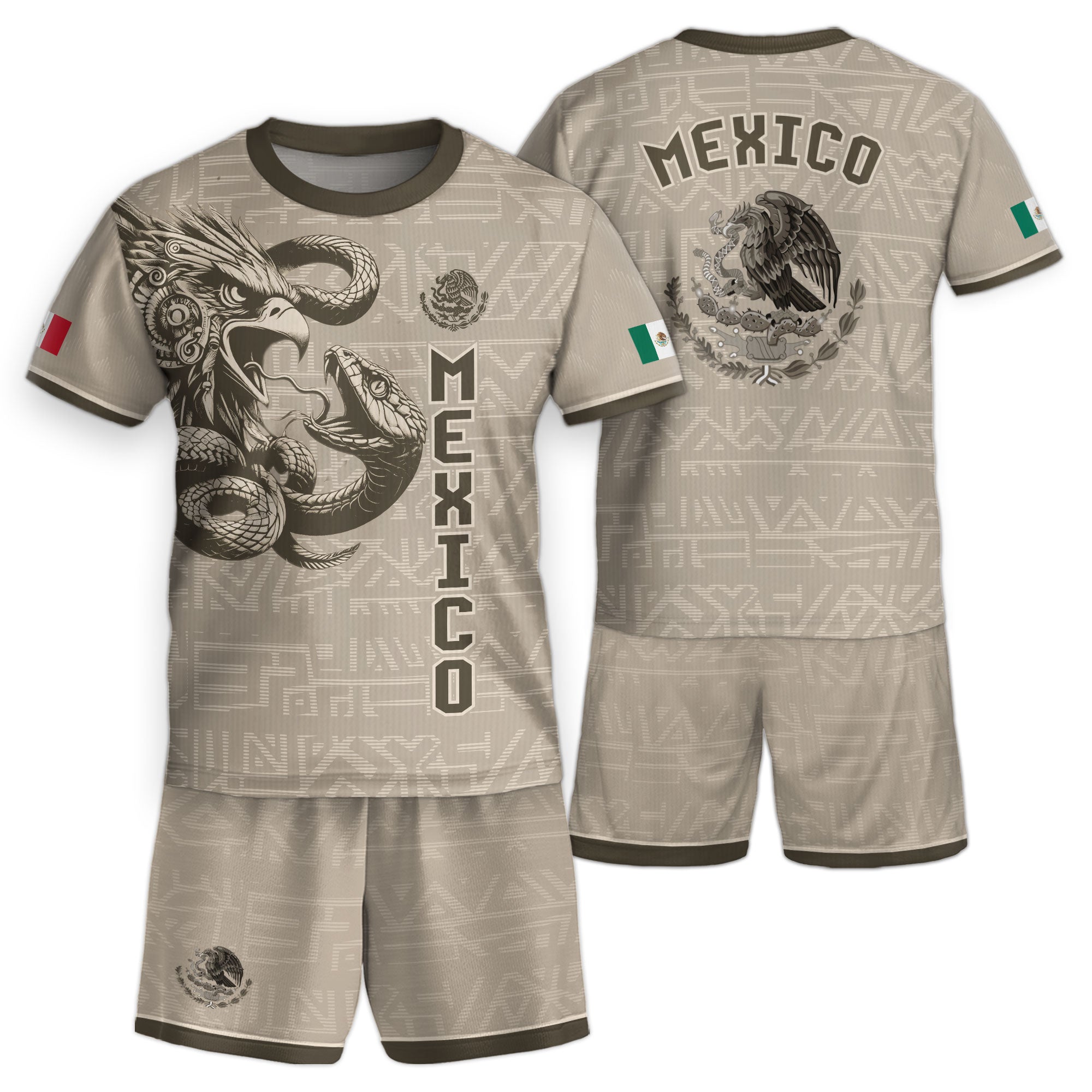 Mexico Kids Soccer Jersey Beige Brown Aztec Eagle Serpent Design