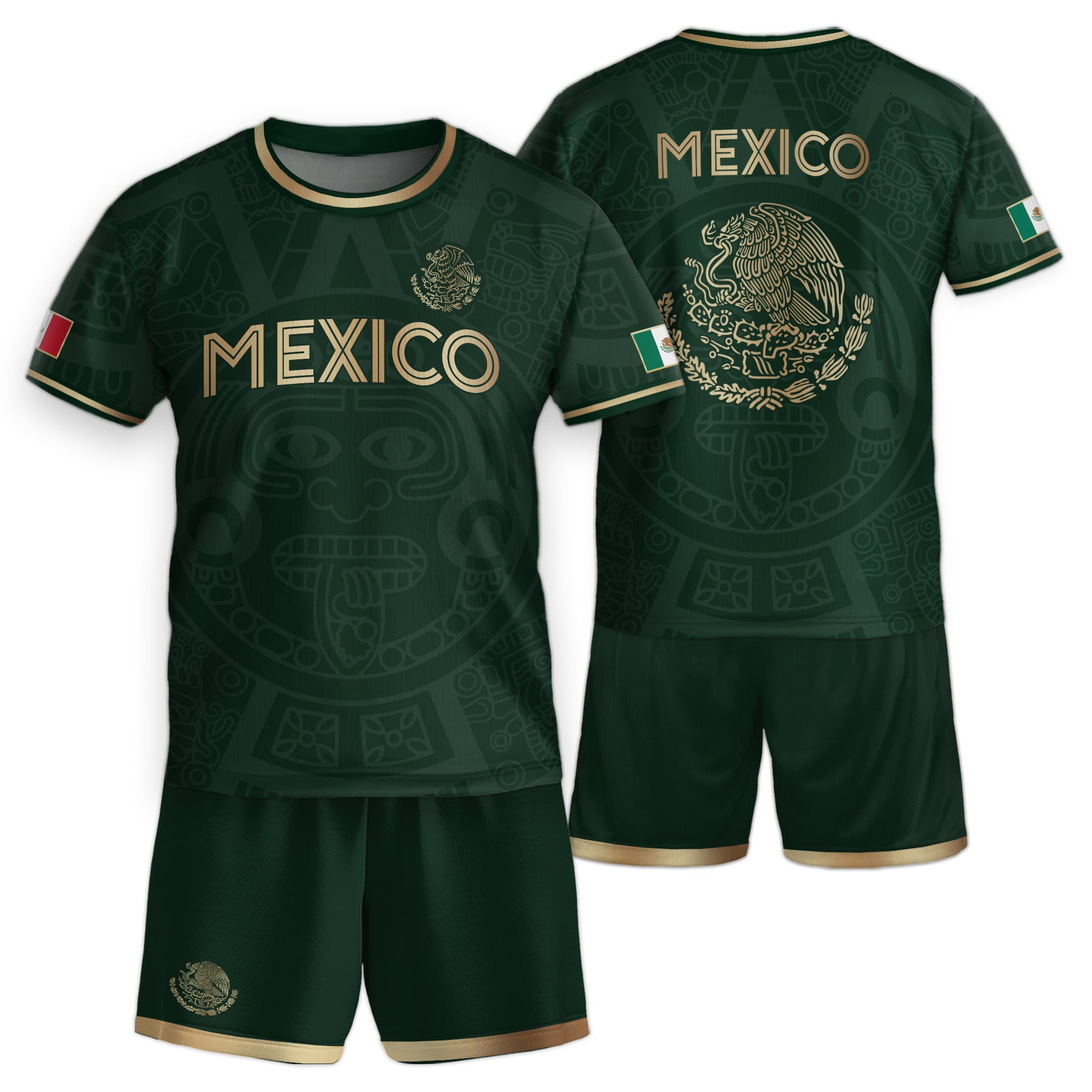 Mexico Kids Soccer Jersey Green Gold Aztec Calendar Design