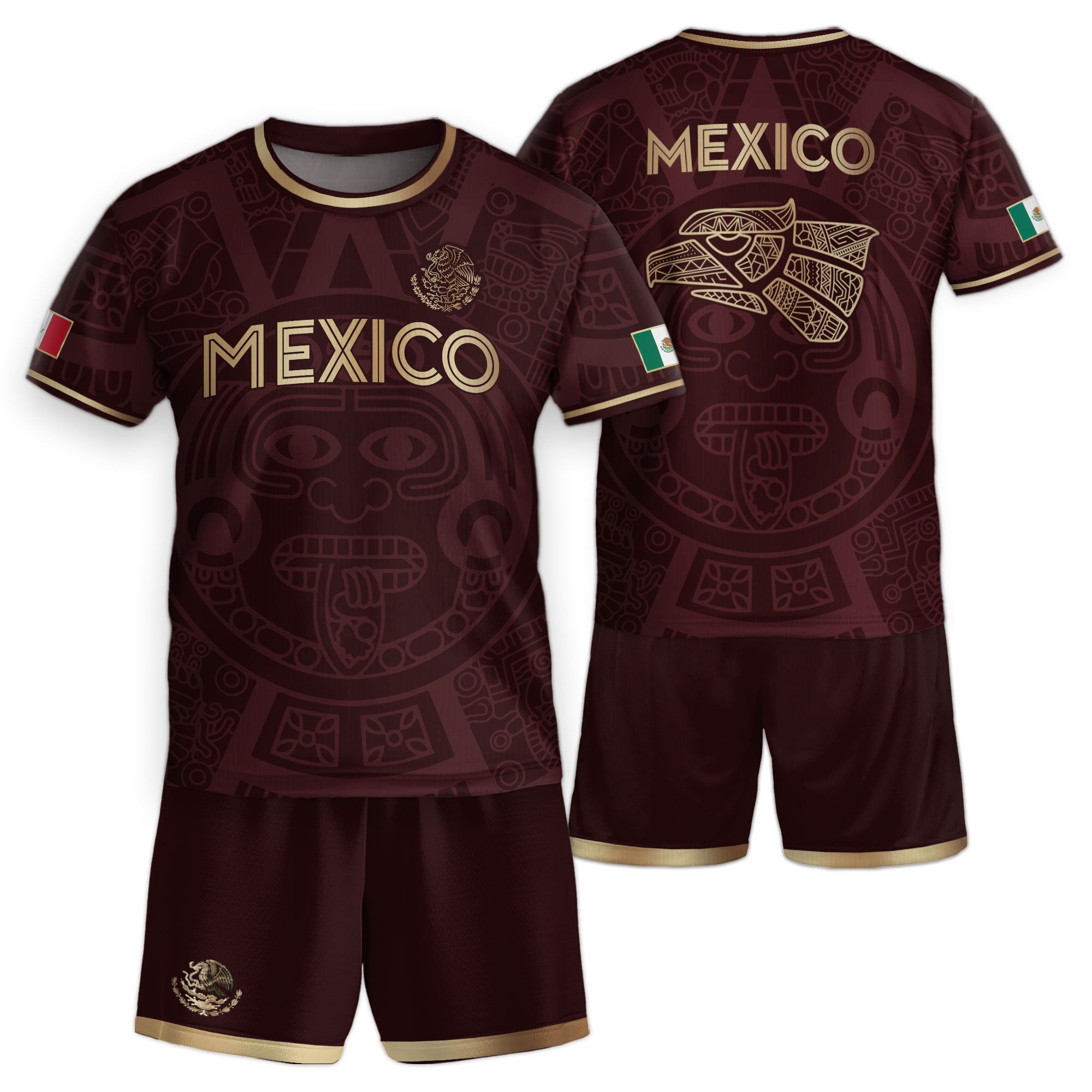 Mexico Kids Soccer Jersey Burgundy Gold Aztec Calendar Eagle Design