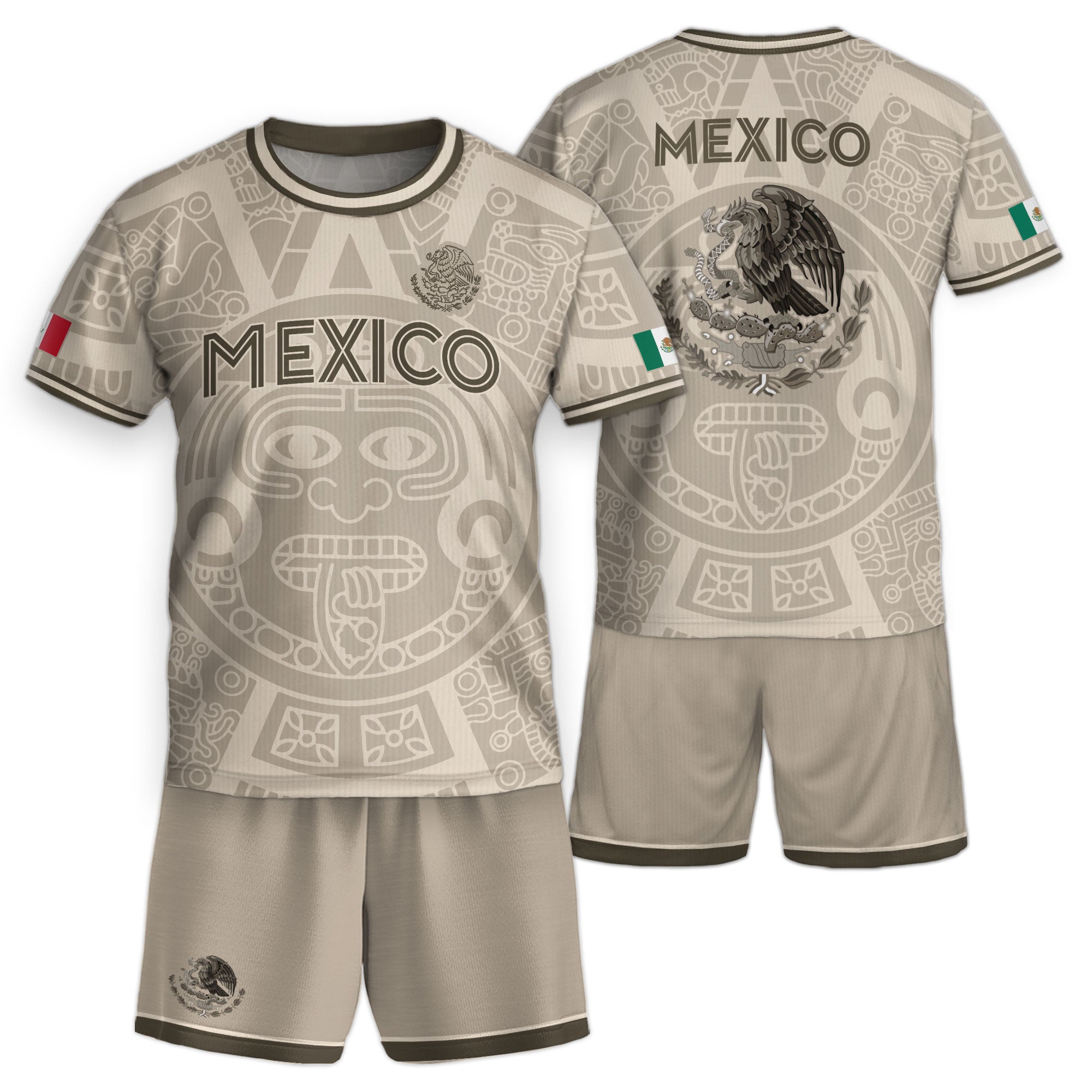 Mexico Kids Soccer Jersey Beige Gold Aztec Calendar Eagle Design