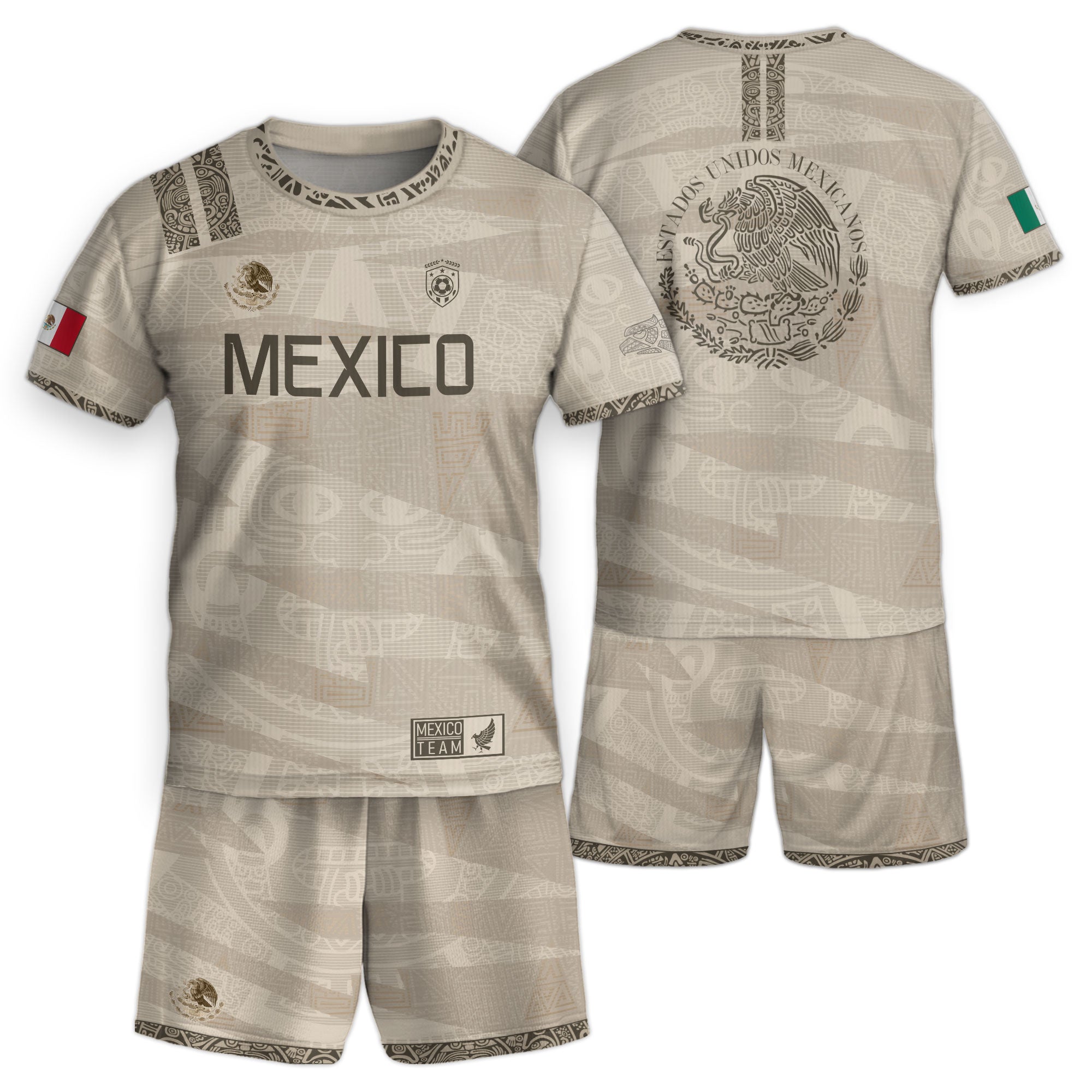 Mexico Kids Soccer Jersey Beige Aztec Eagle Design