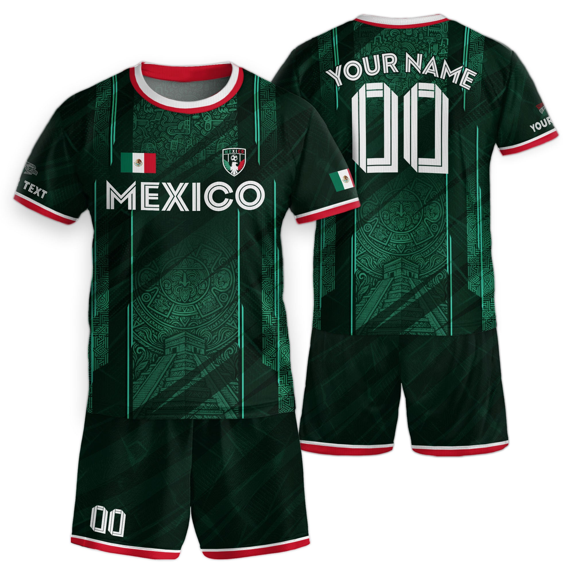 Custom Kids Mexico Soccer Jersey Green Aztec Calendar Design