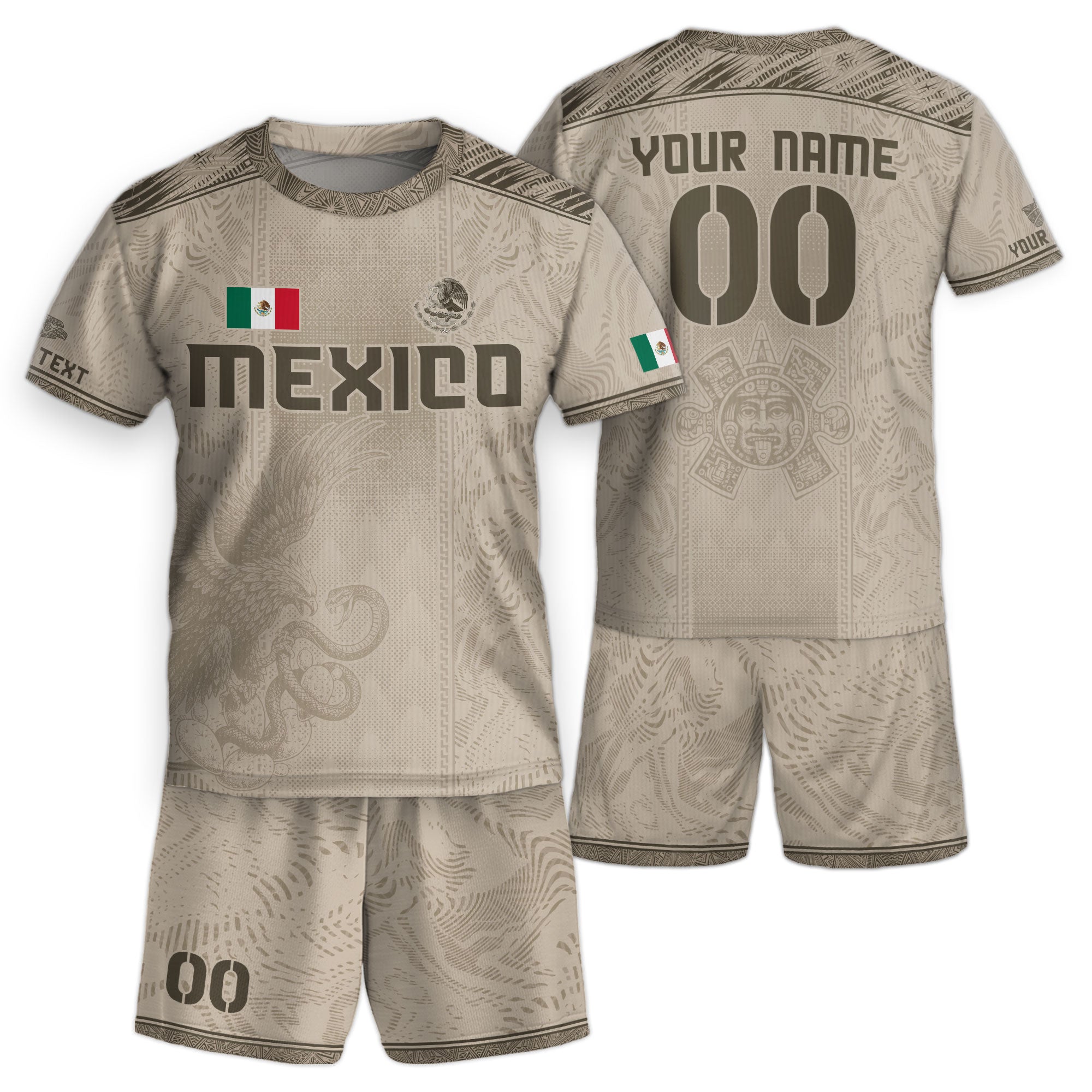 Custom Kids Mexico Soccer Jersey Beige Aztec Eagle Design