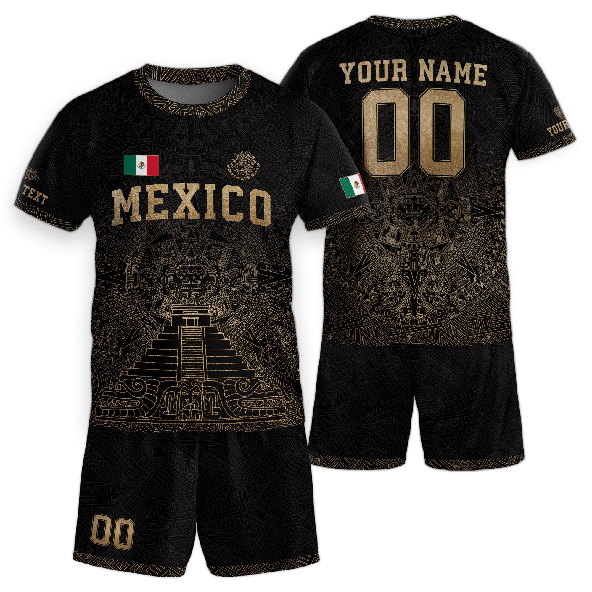Custom Kids Mexico Soccer Jersey Black Gold Aztec Temple Design