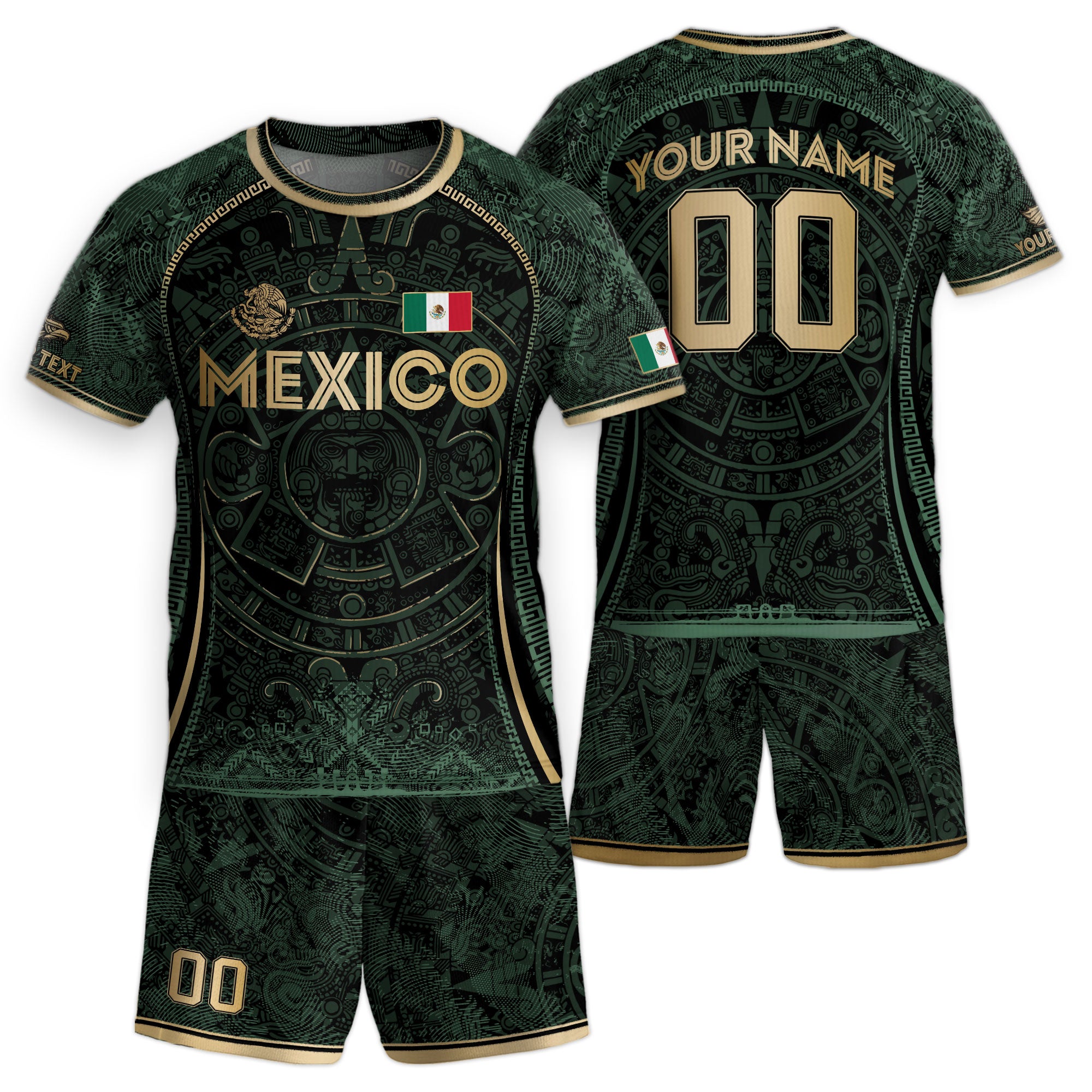 Custom Kids Mexico Soccer Jersey Dark Green Gold Aztec Calendar Design