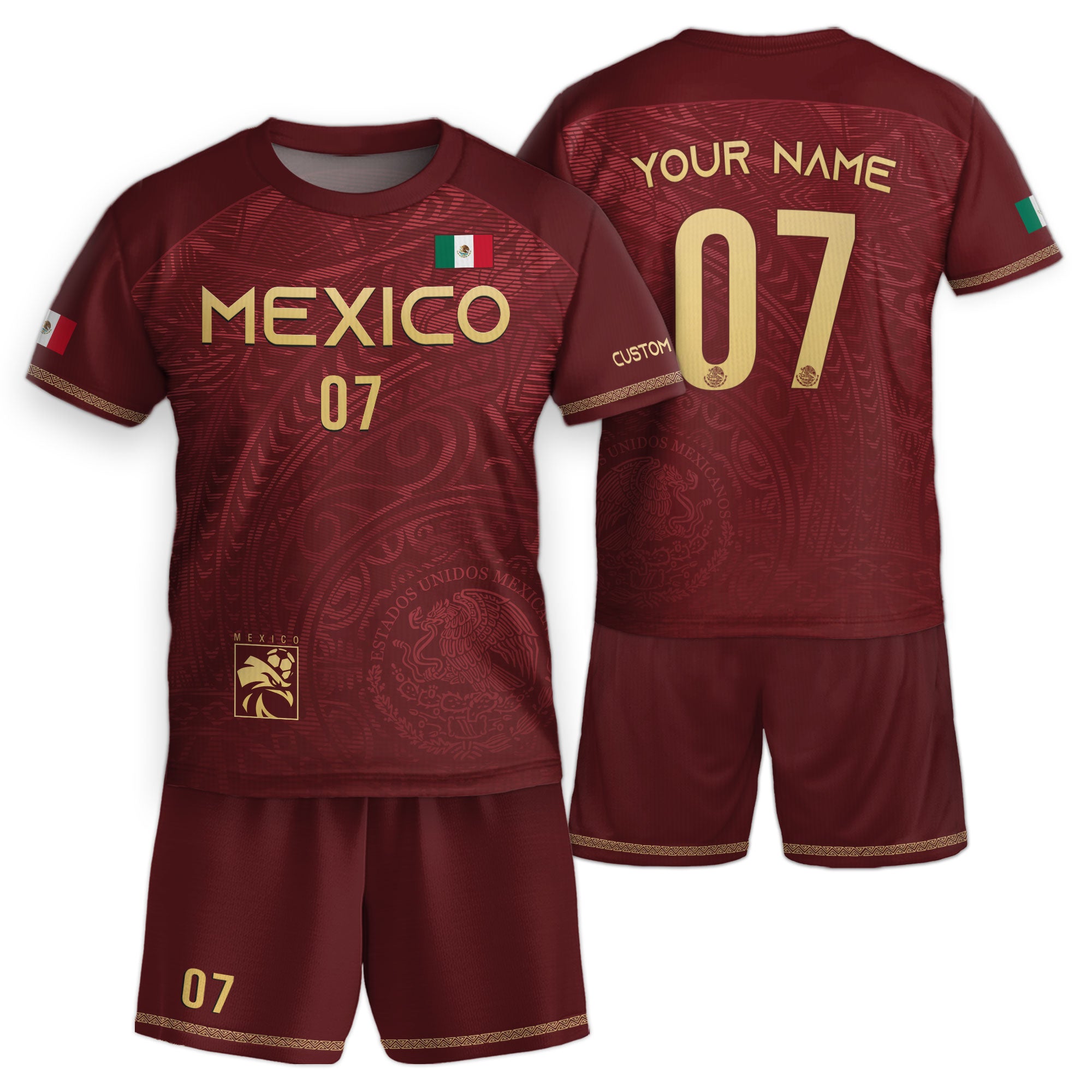 Custom Kids Mexico Soccer Jersey Burgundy Gold Eagle Design