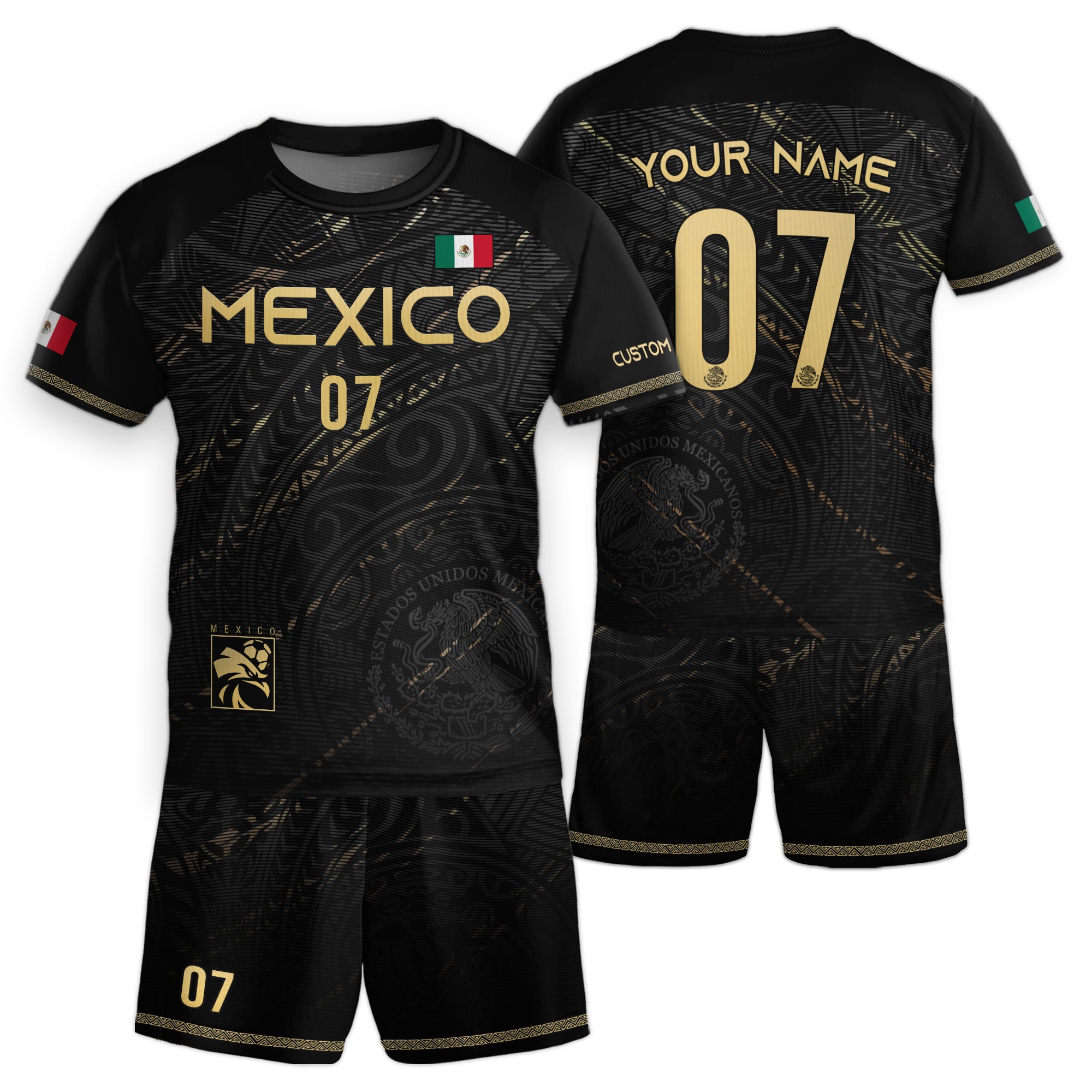 Custom Kids Mexico Soccer Jersey Black Gold Heritage Pattern Design