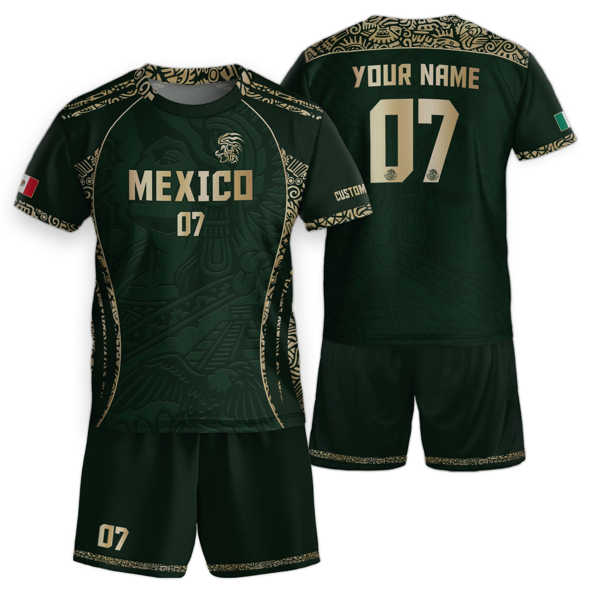 Custom Kids Mexico Soccer Jersey Dark Green Aztec Eagle Design