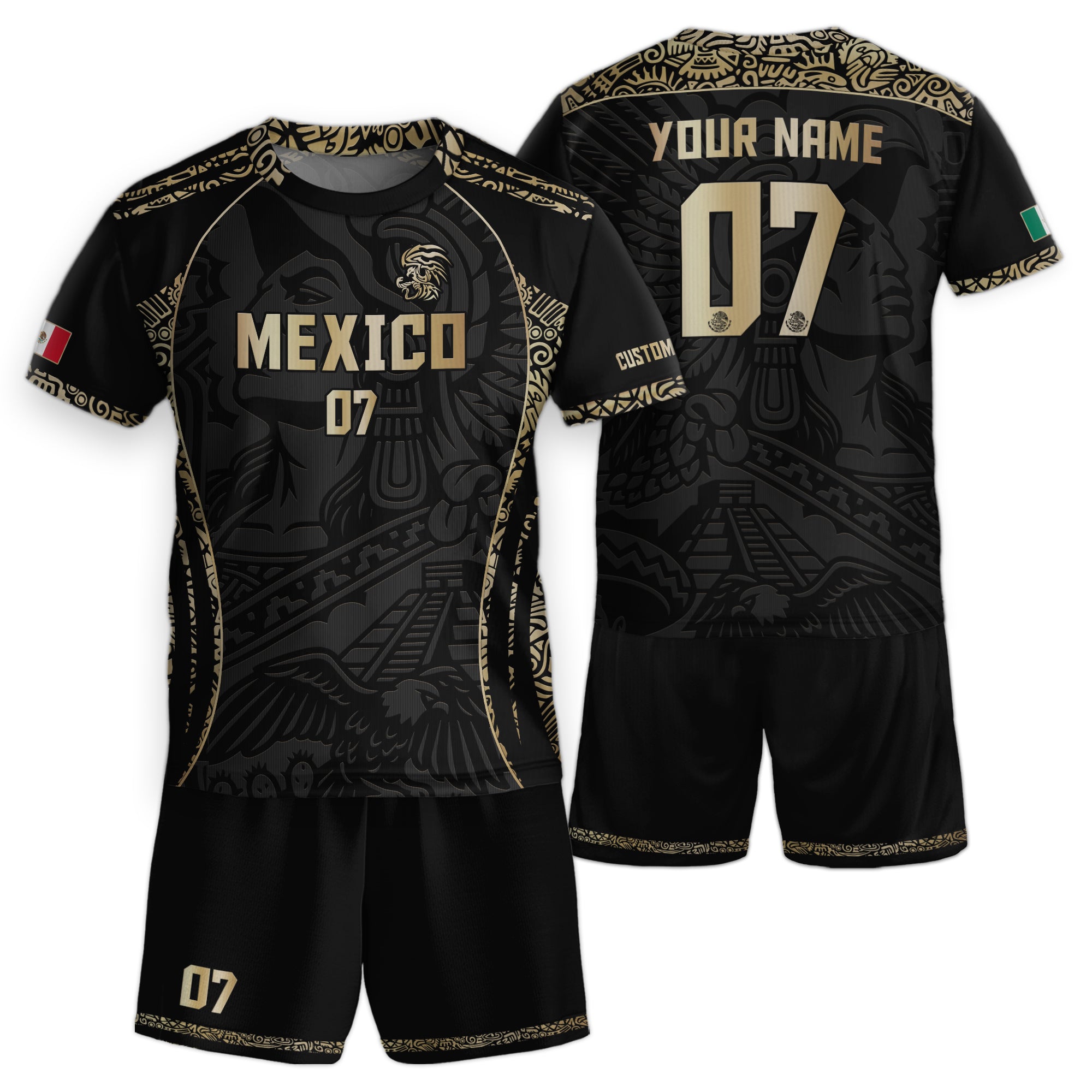 Custom Kids Mexico Soccer Jersey Black Gold Aztec Eagle Design