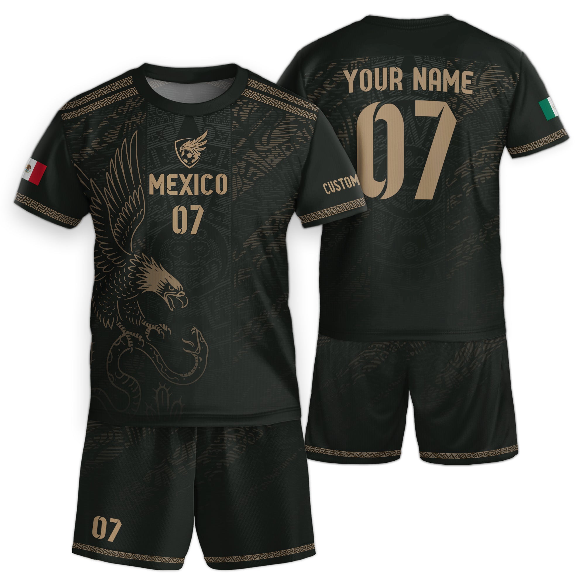 Custom Kid Mexico Black Aztec Eagle Heritage Soccer Jersey