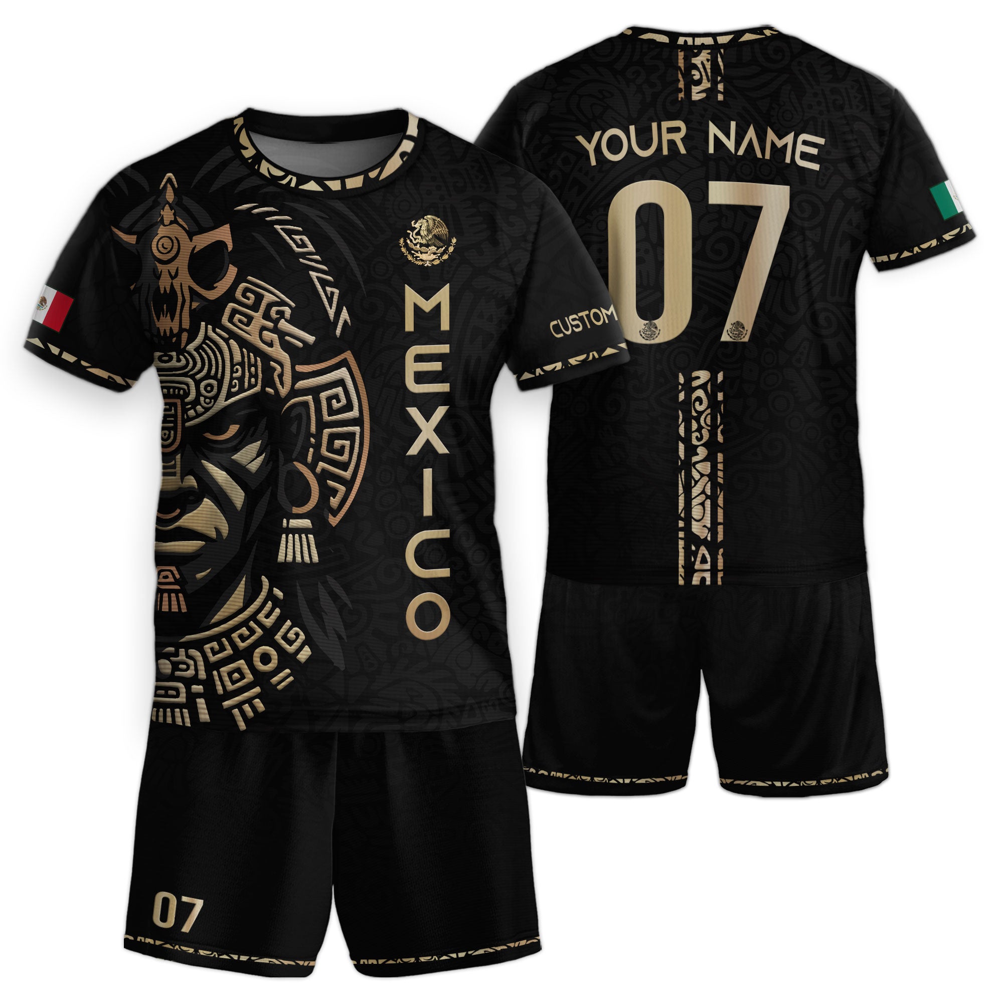 Custom Kid Mexico Aztec Warrior Heritage Black Gold Soccer Jersey