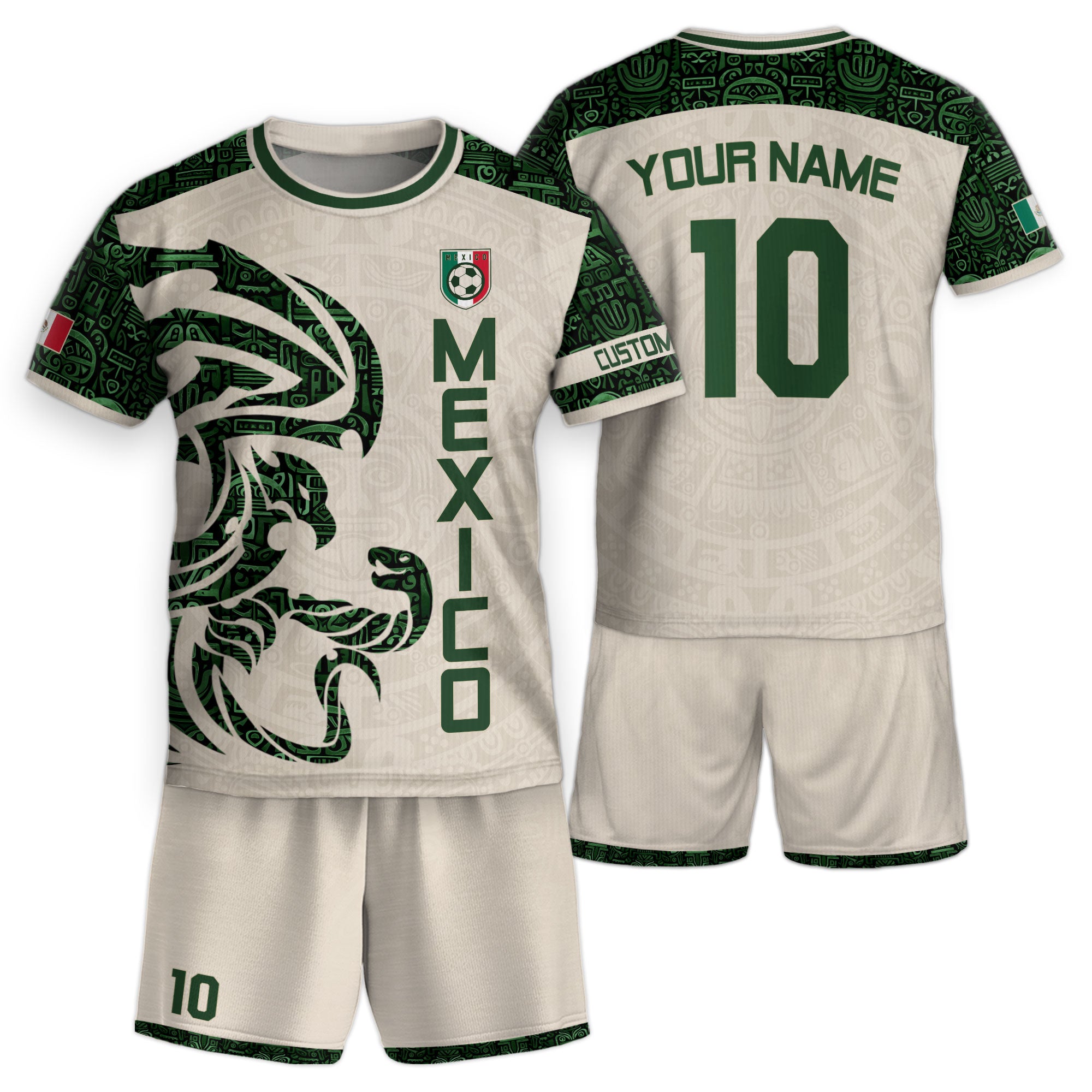 Custom Kid Mexico Beige Green Aztec Eagle Heritage Soccer Jersey