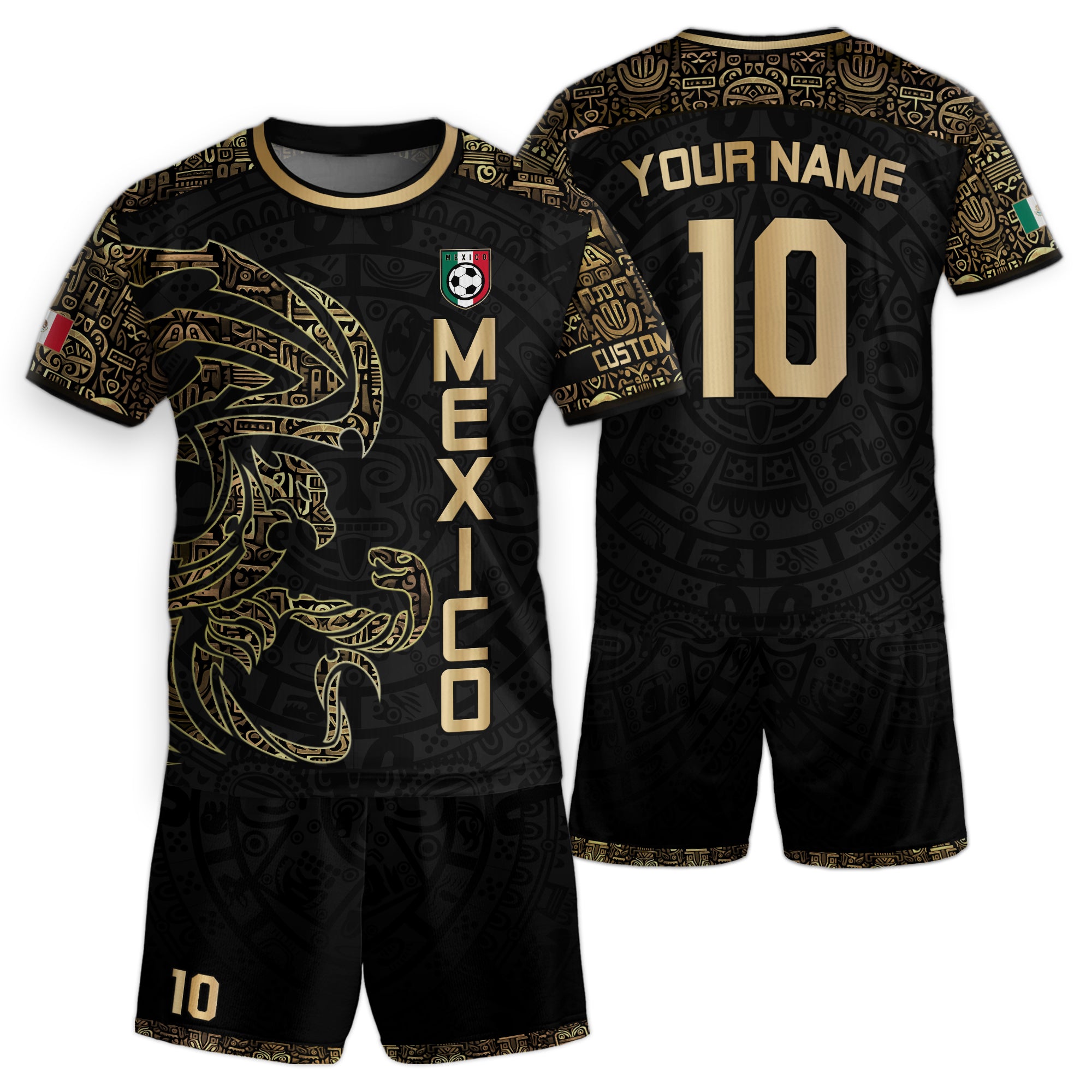 Custom Kid Mexico Black Gold Aztec Eagle Heritage Soccer Jersey
