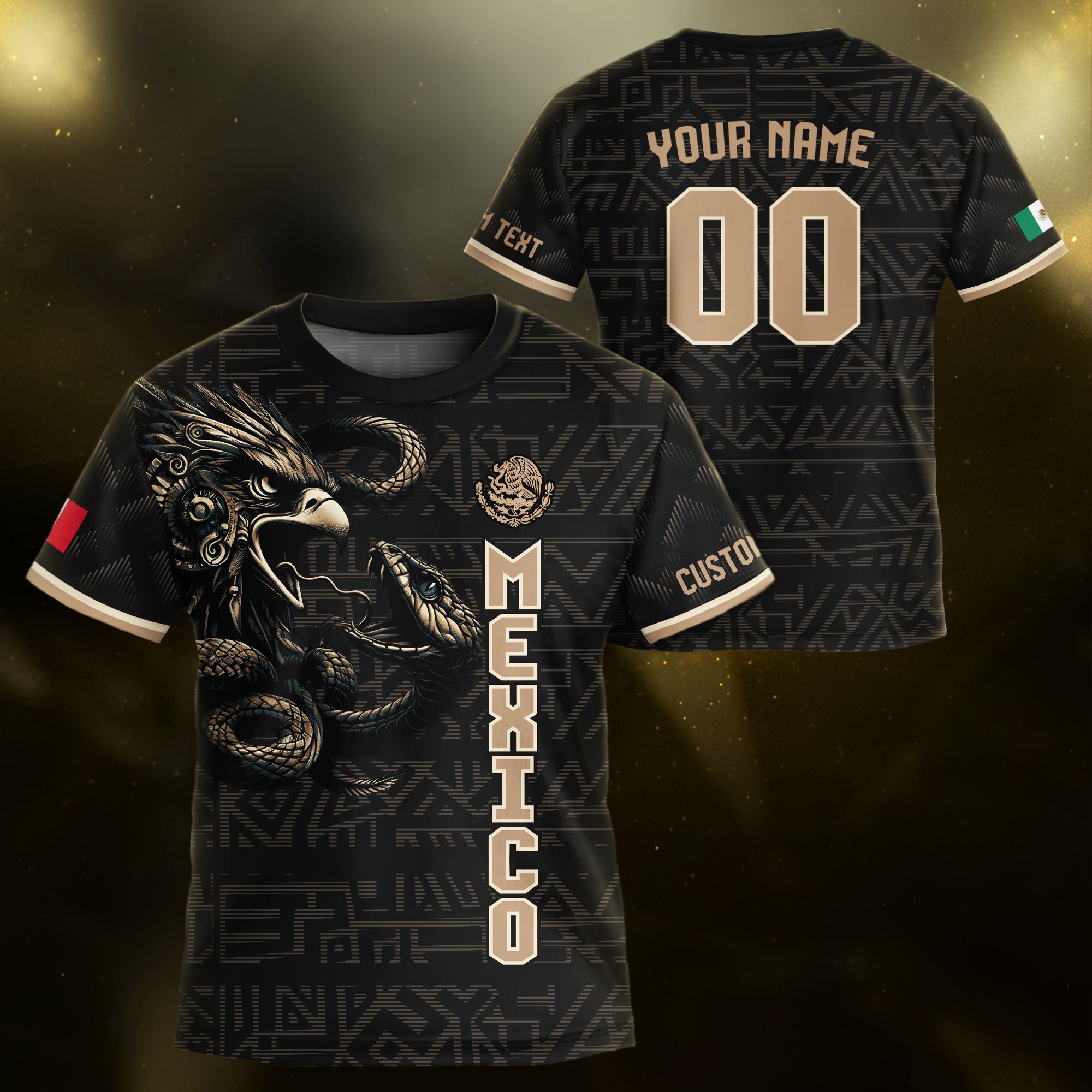 Custom Mexico Kids Soccer Jersey Black Gold Heritage Eagle Snake