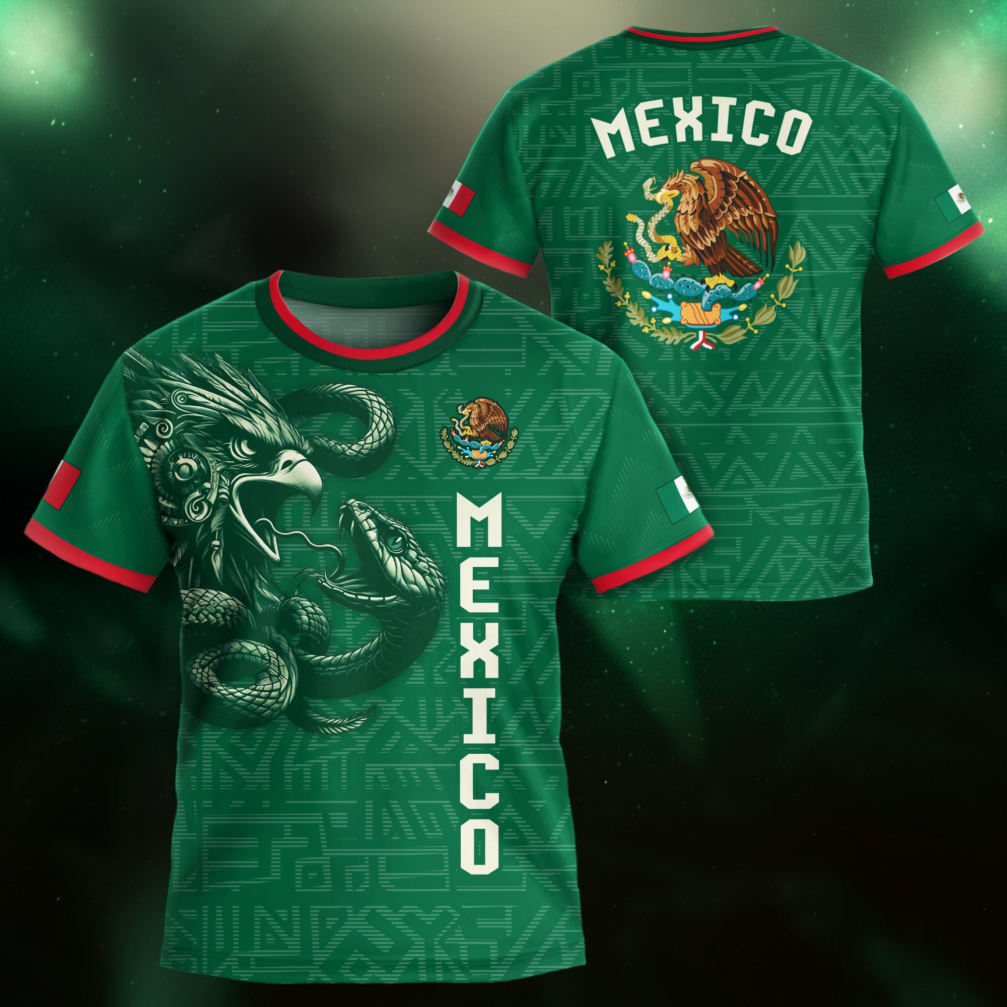 Mexico Kids Soccer Jersey Green Aztec Eagle Serpent Design