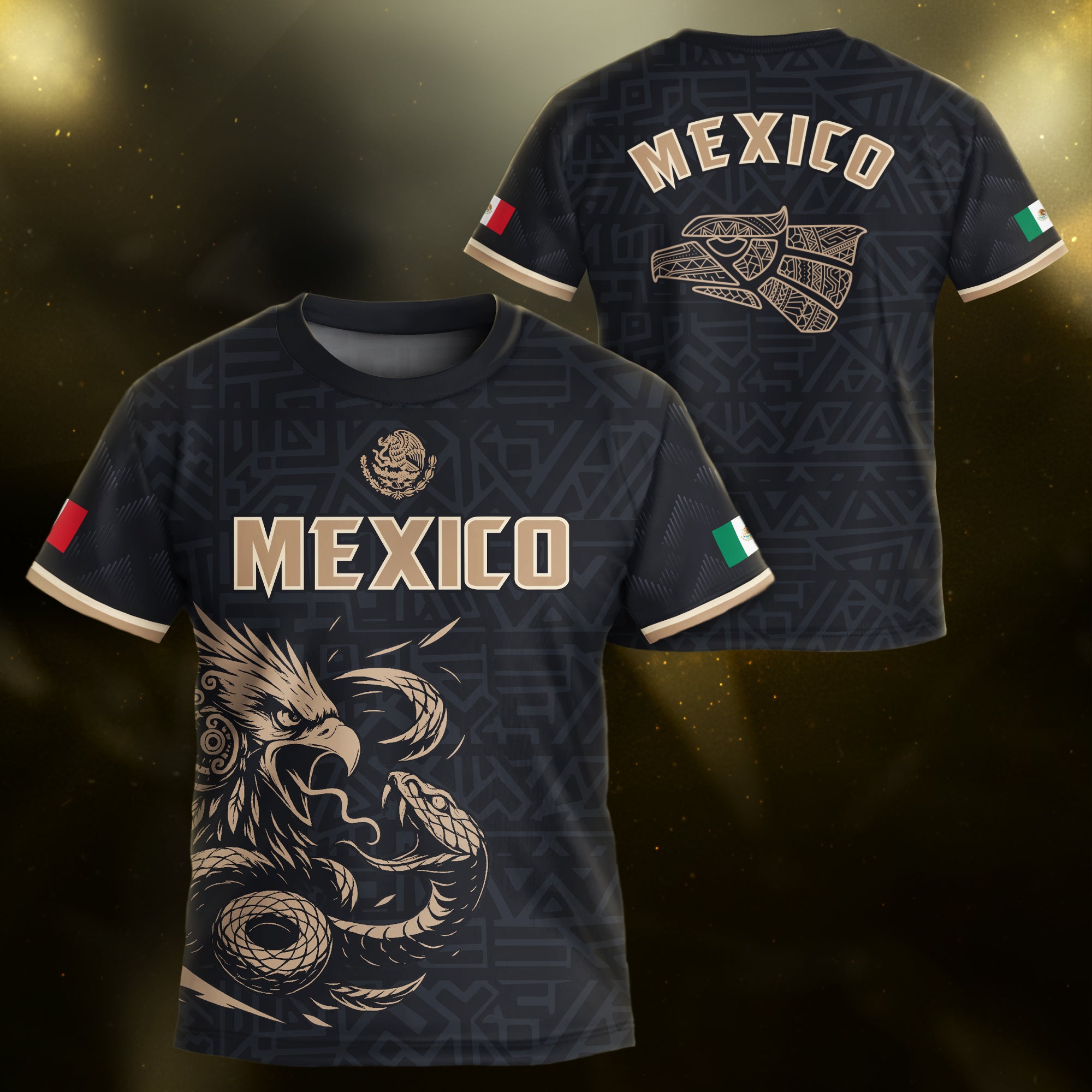 Mexico Kids Soccer Jersey Black Gold Aztec Eagle Serpent Design