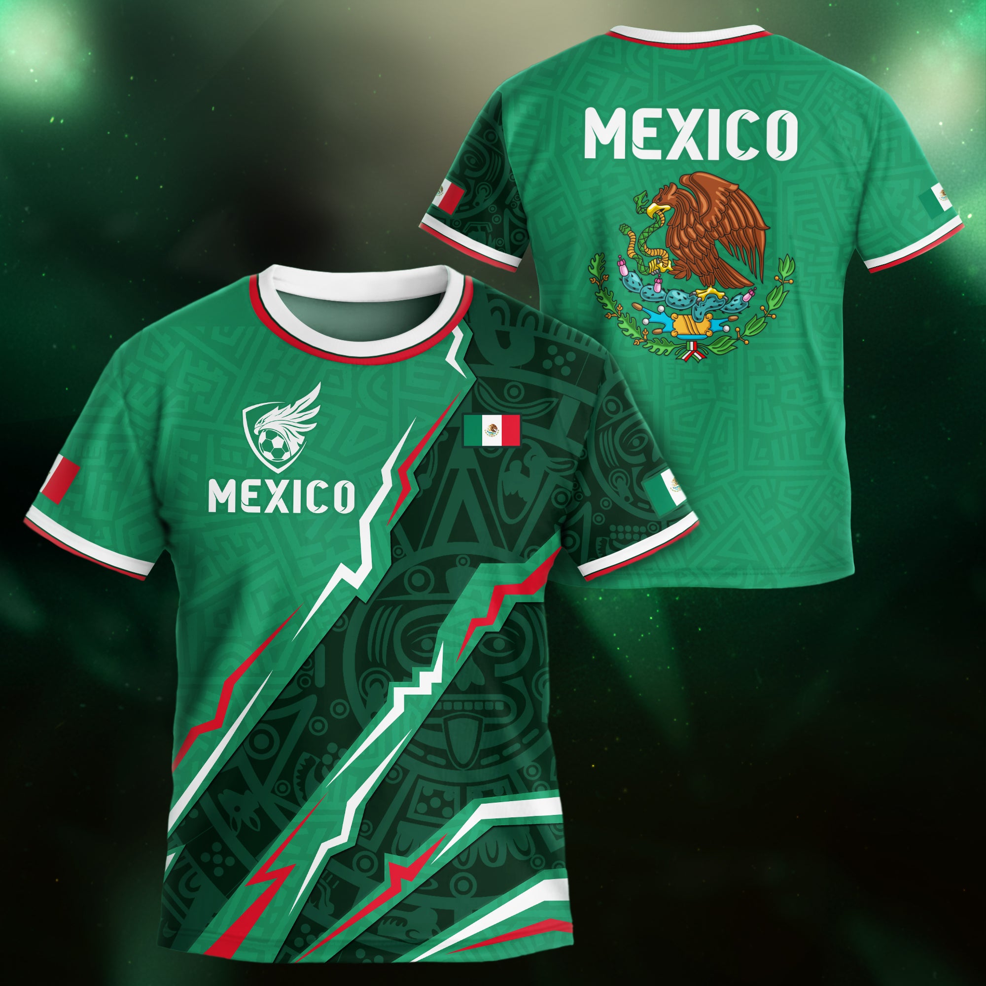 Mexico Kids Soccer Jersey Green Aztec Pattern Crest Design