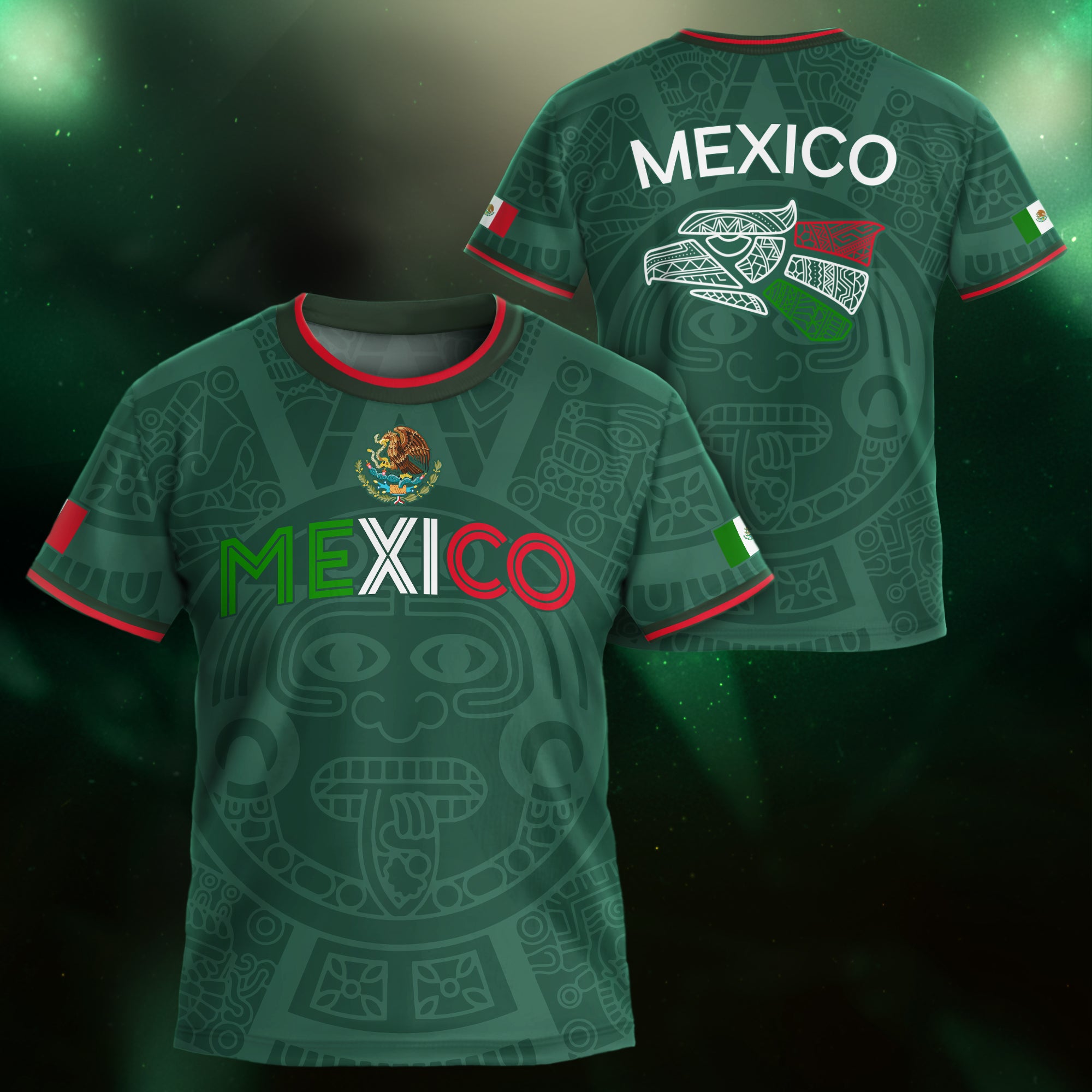 Mexico Kids Soccer Jersey Green Flag Colors Aztec Pattern Design