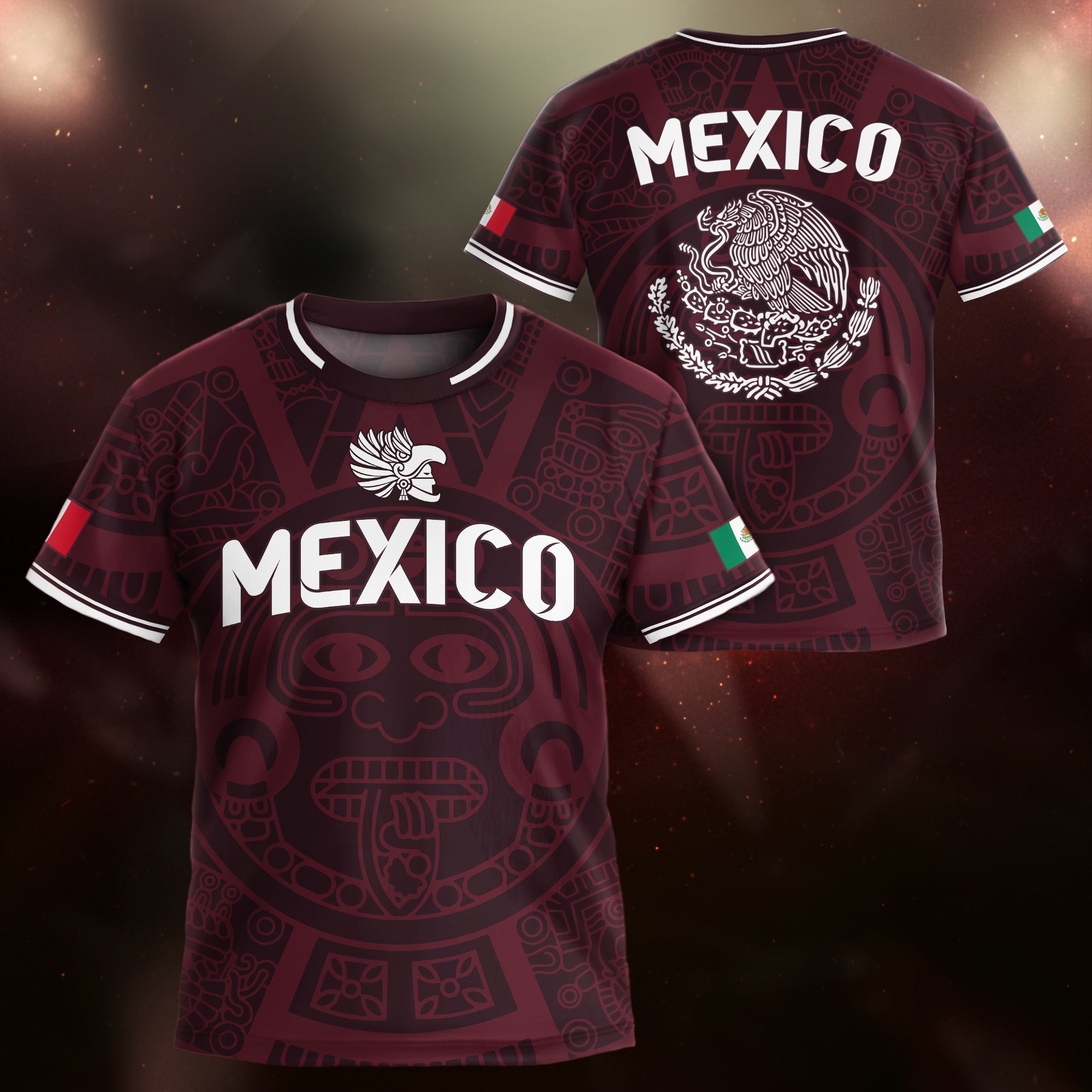 Mexico Kids Soccer Jersey Burgundy Aztec Pattern Crest Design