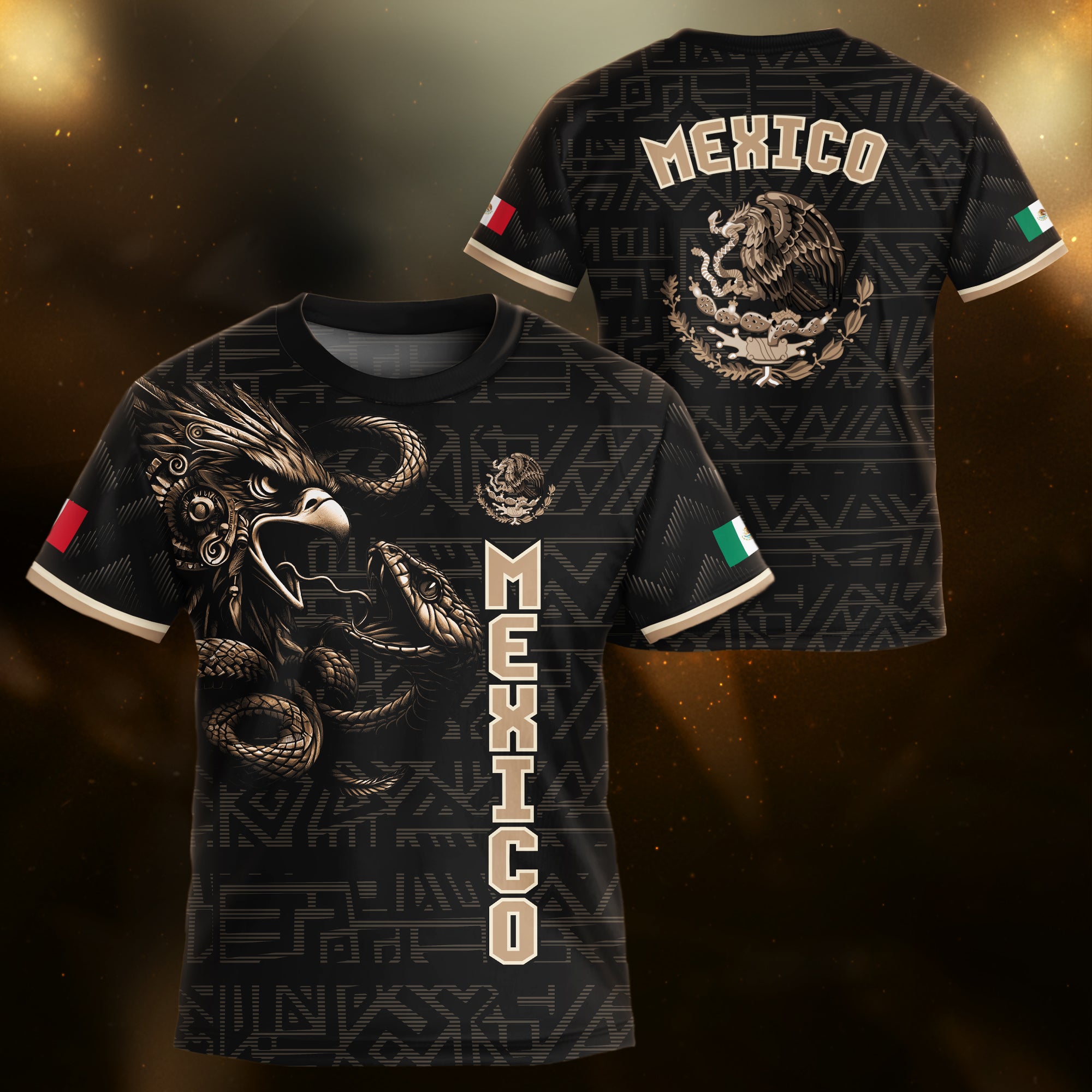Mexico Kids Soccer Jersey Black Gold Aztec Warrior Eagle Design