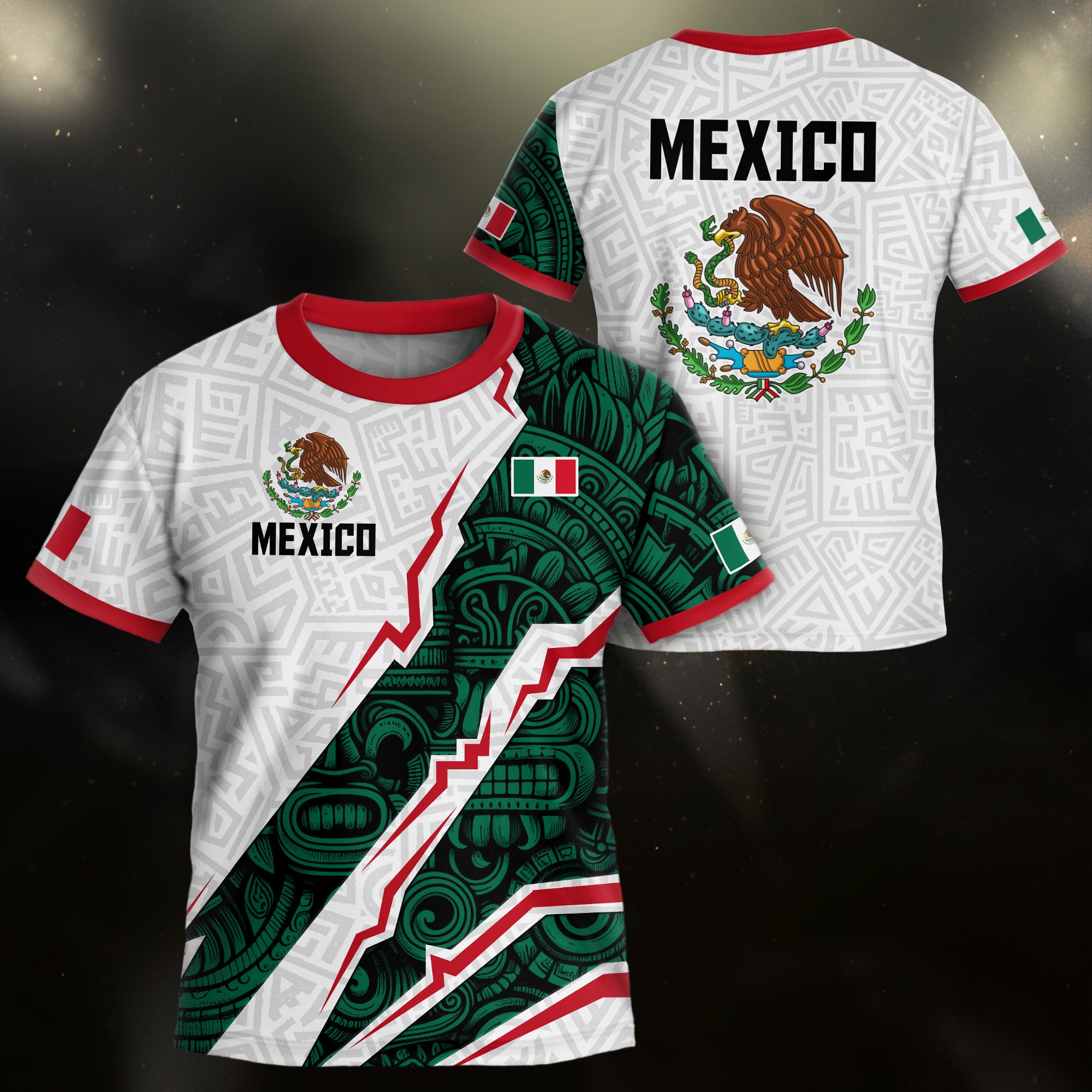 Mexico Kids Soccer Jersey White Green Aztec Pattern Flag Design