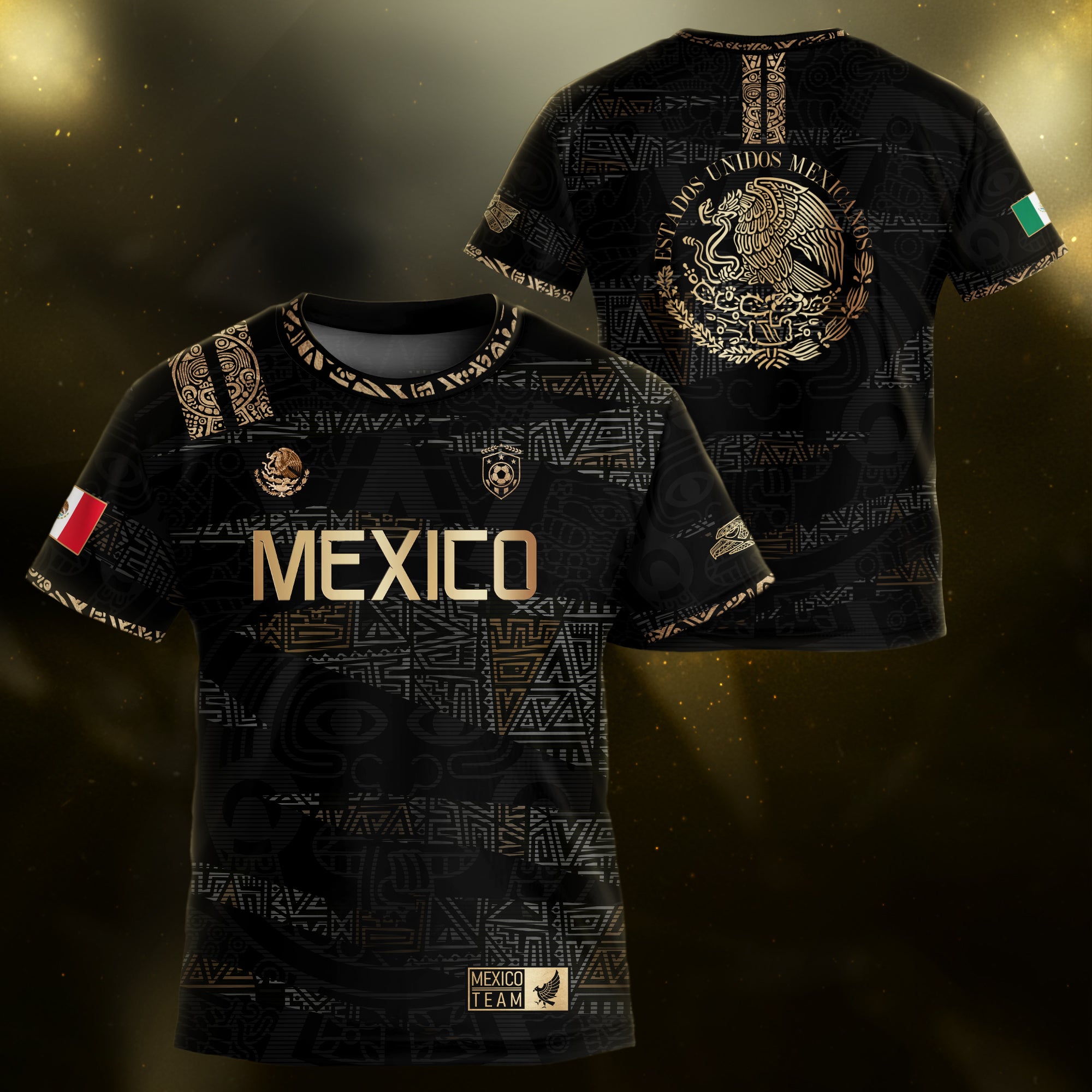 Mexico Kids Soccer Jersey Black Gold Aztec Pattern Crest Design