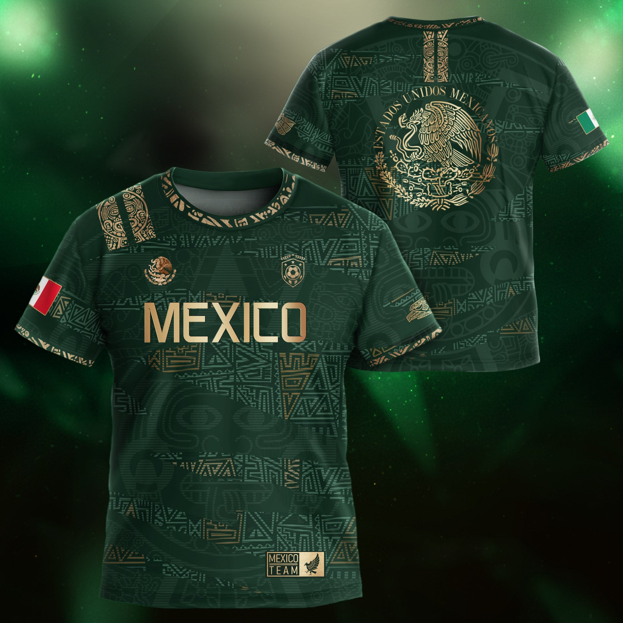 Mexico Kids Soccer Jersey Green Gold Aztec Pattern Crest Design