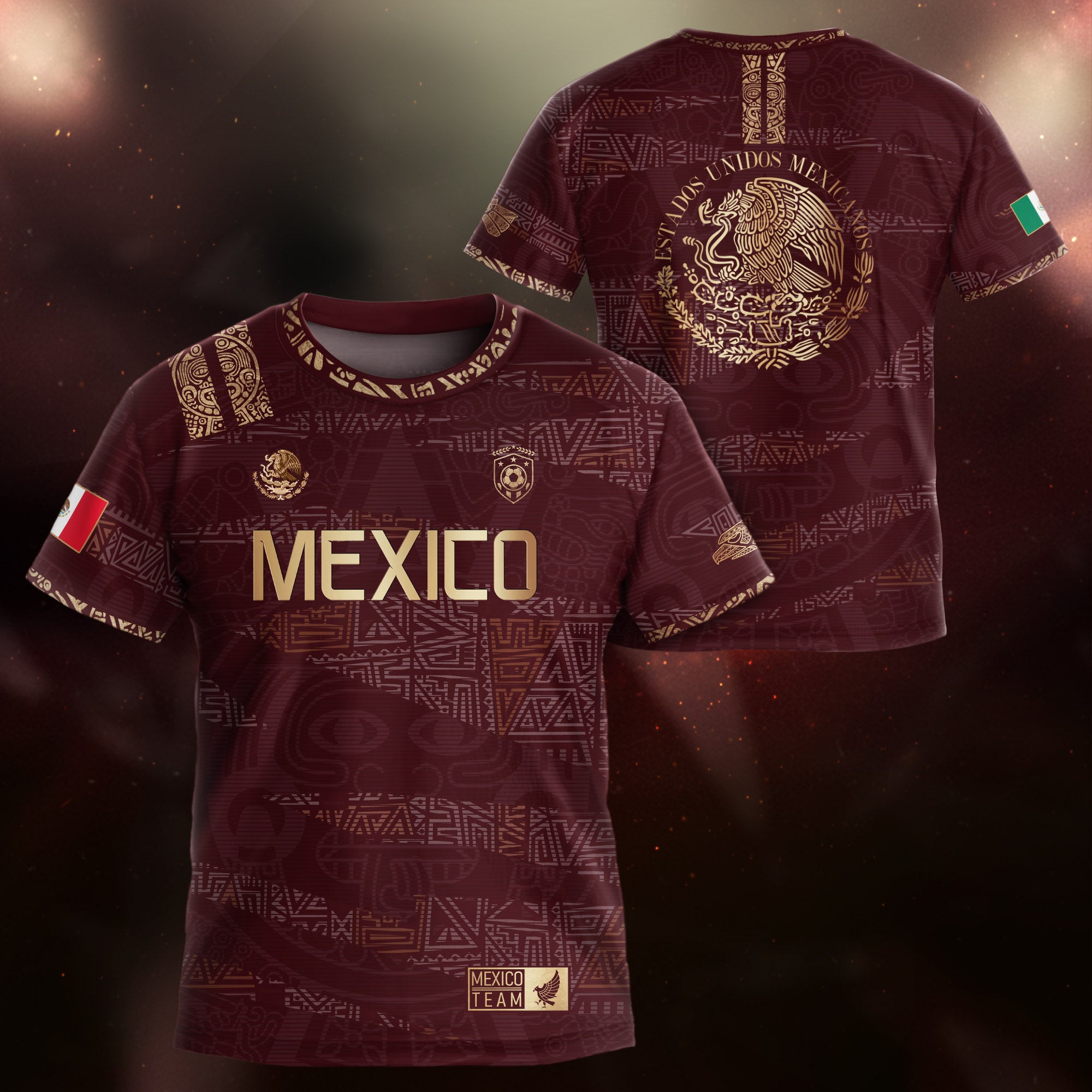 Mexico Kids Soccer Jersey Burgundy Gold Aztec Pattern Crest Design