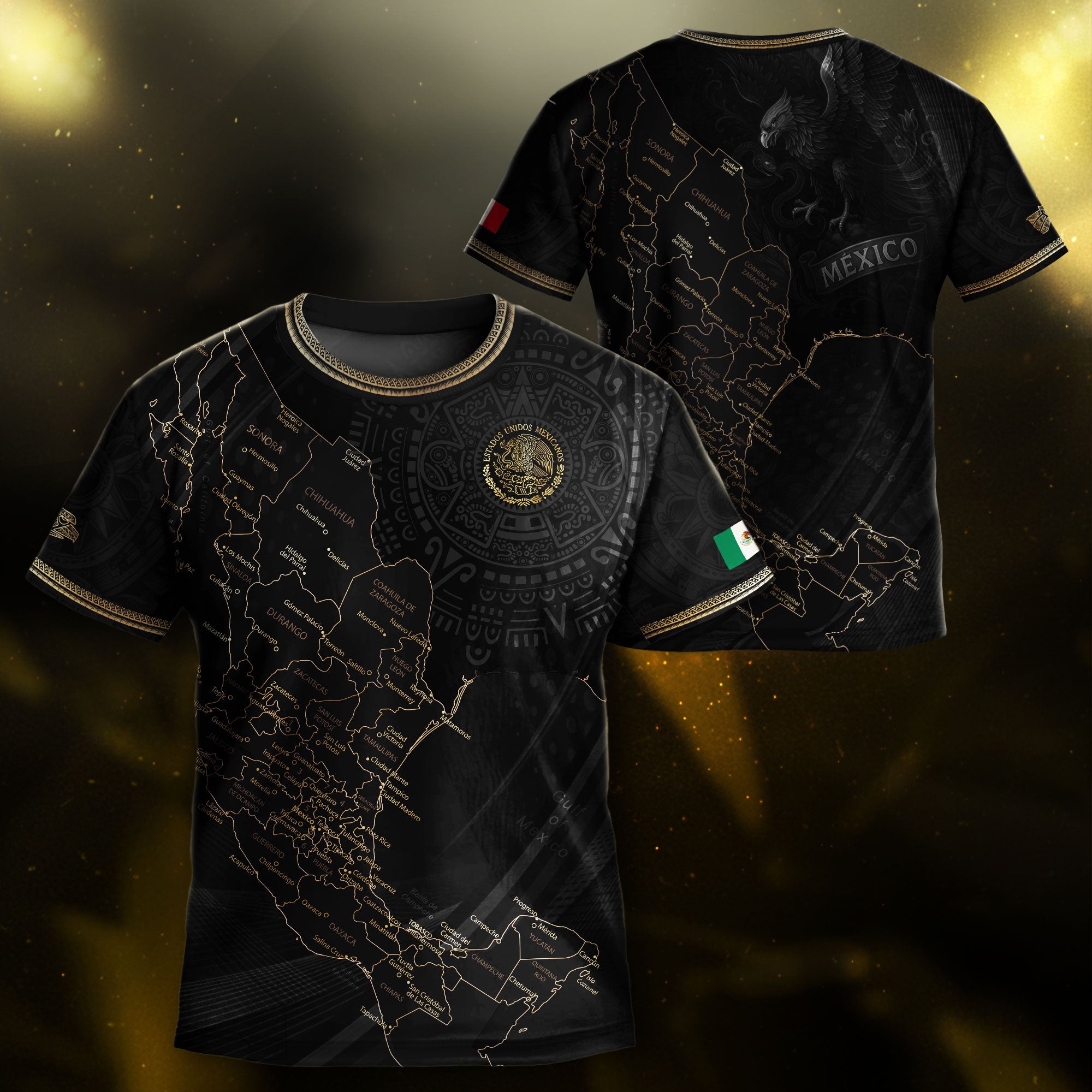 Mexico Kids Soccer Jersey Black Gold Map Aztec Pattern