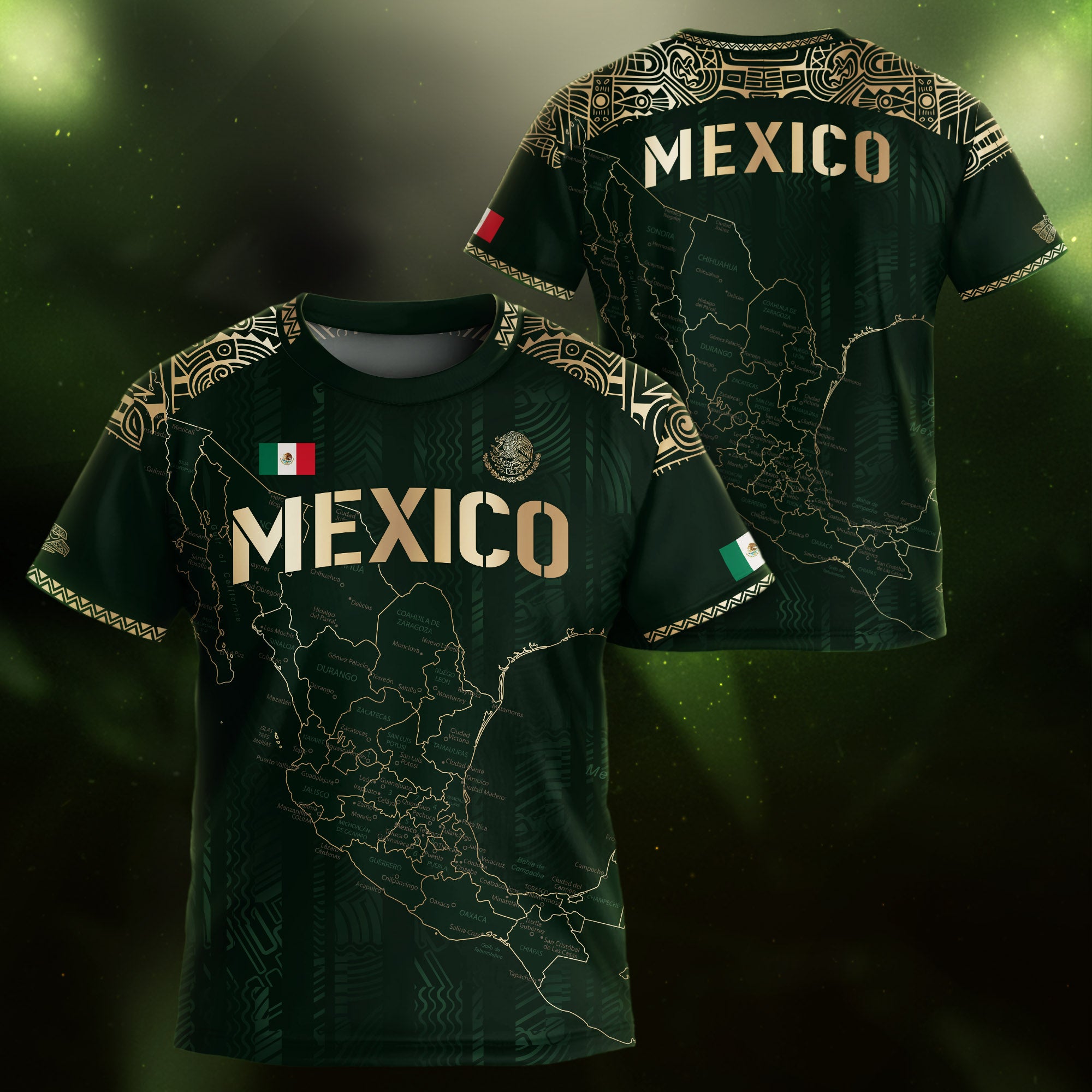Mexico Kids Soccer Jersey Green Gold Map Aztec Design