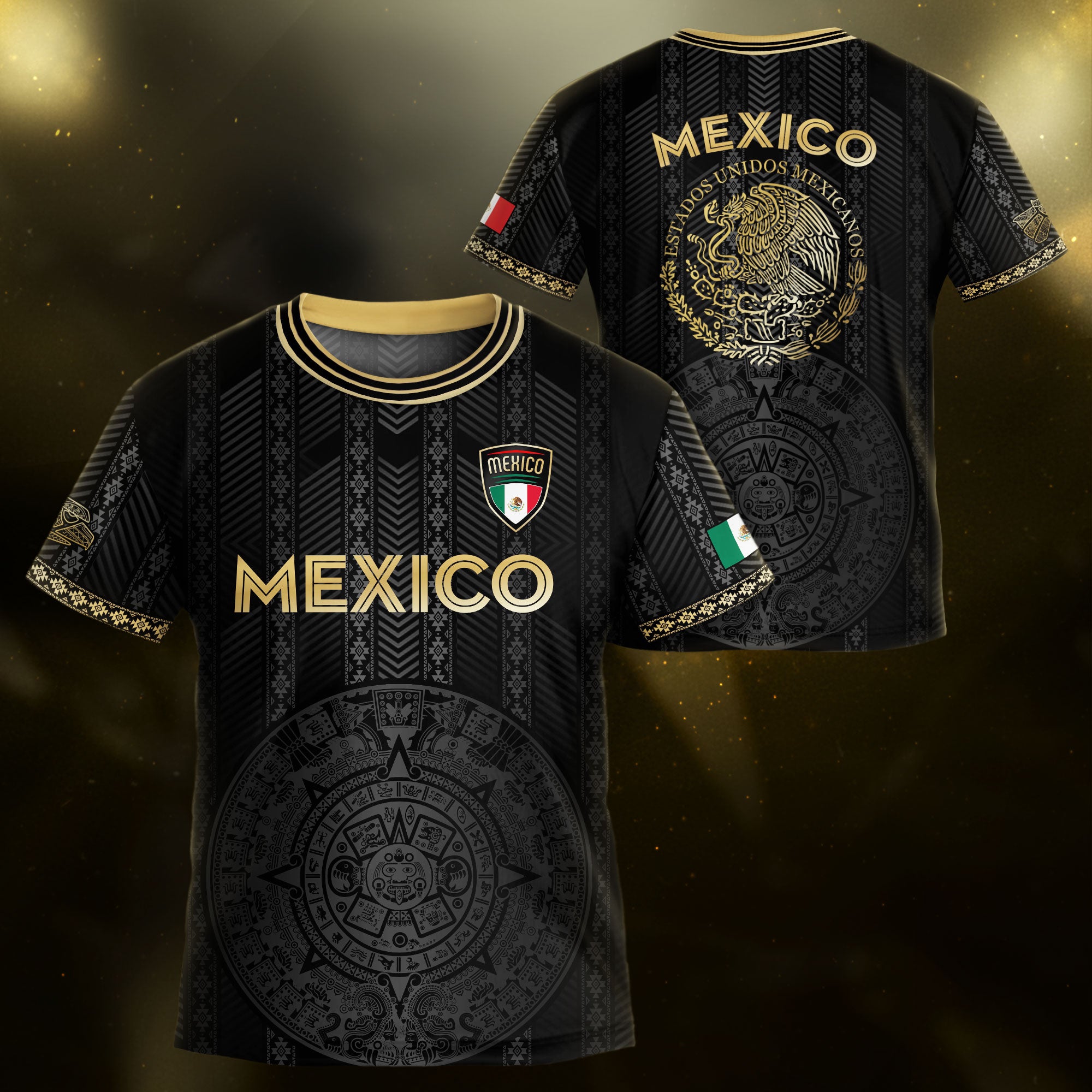 Mexico Kids Soccer Jersey Black Gold Aztec Calendar Design