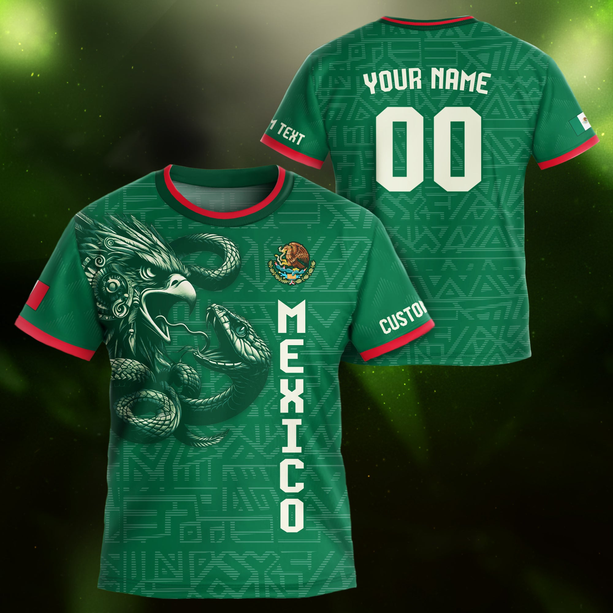 Custom Mexico Kids Soccer Jersey Green Red Aztec Eagle Serpent Design