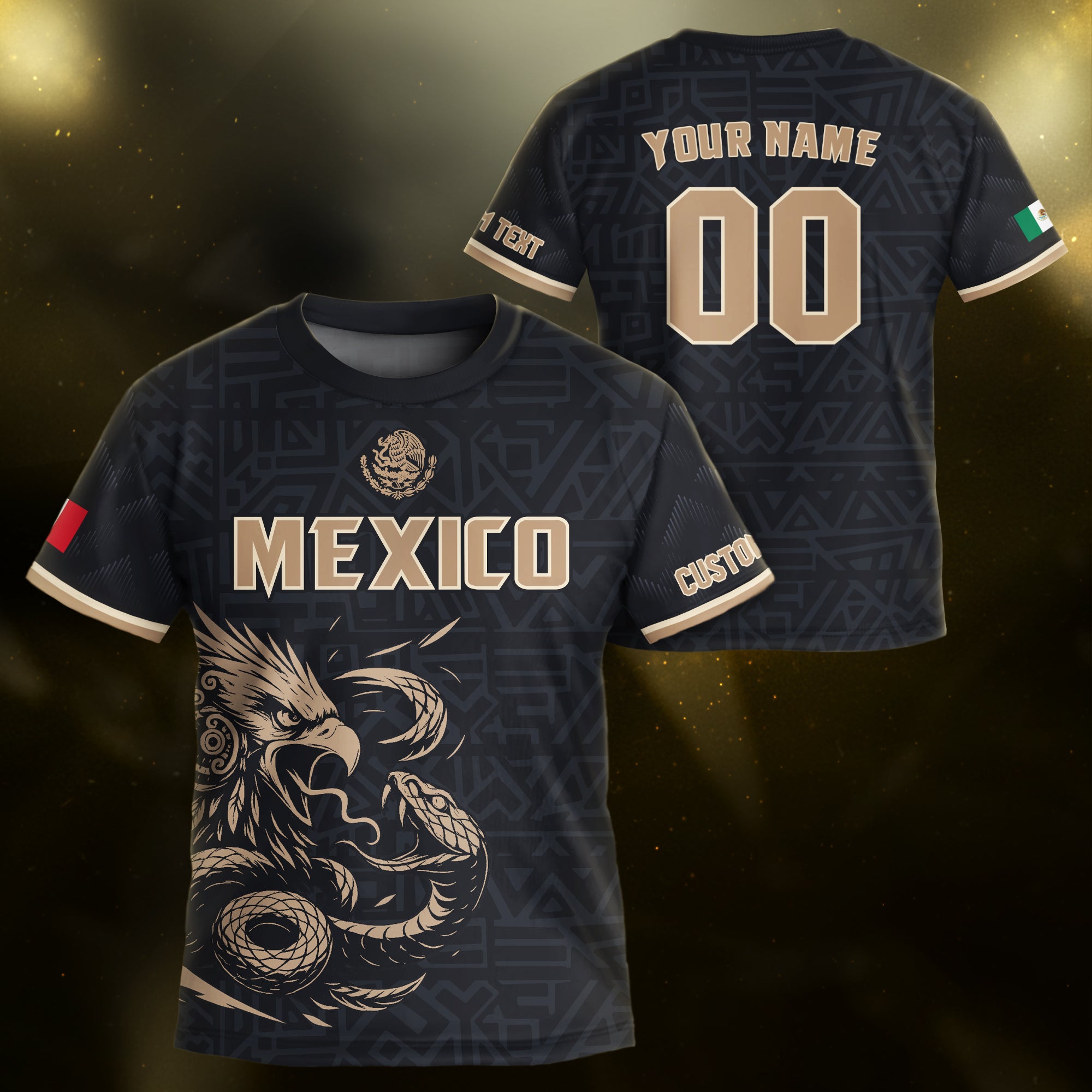 Custom Mexico Kids Soccer Jersey Black Gold Aztec Eagle Serpent Design