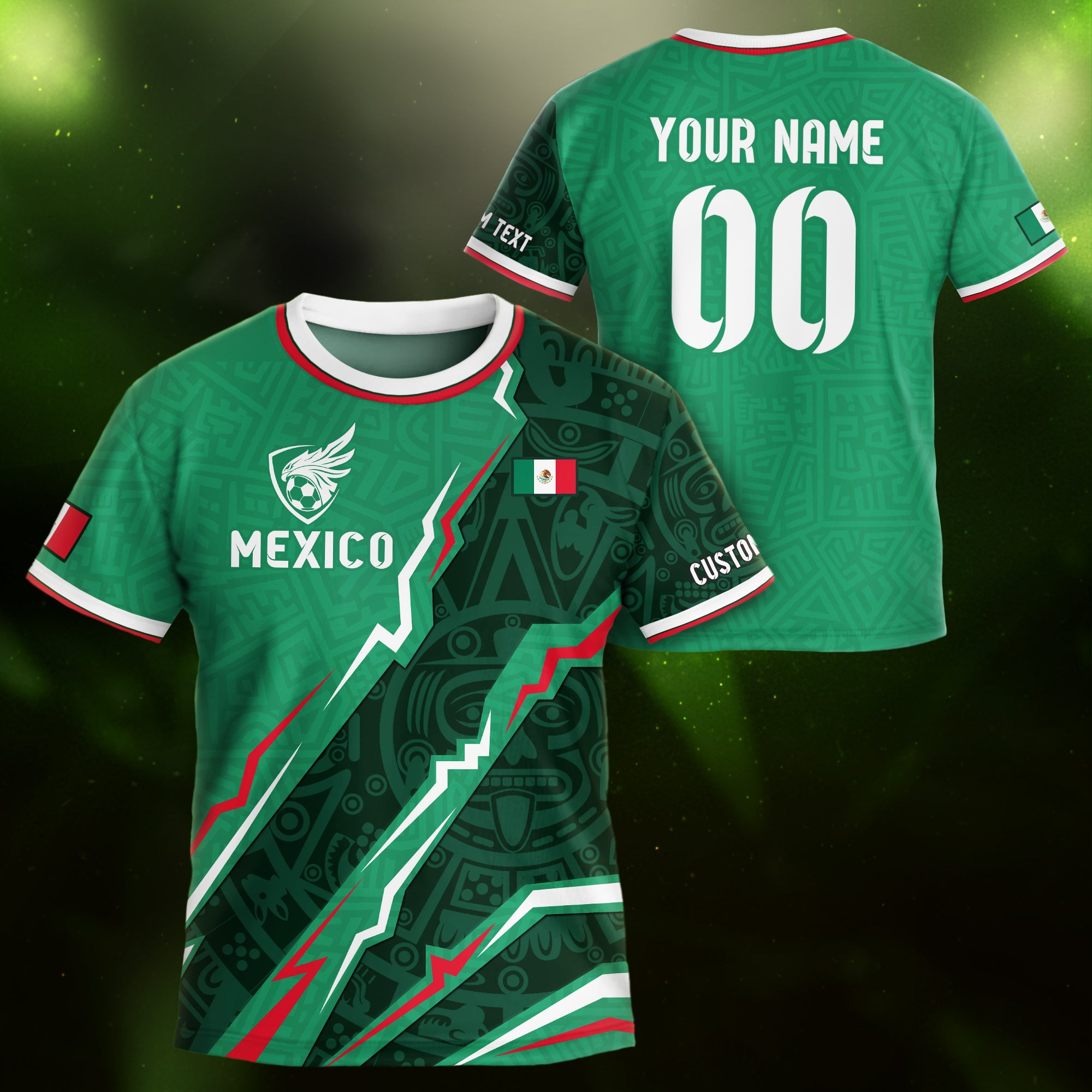 Custom Mexico Kids Soccer Jersey Green Flag Colors Aztec Pattern Design