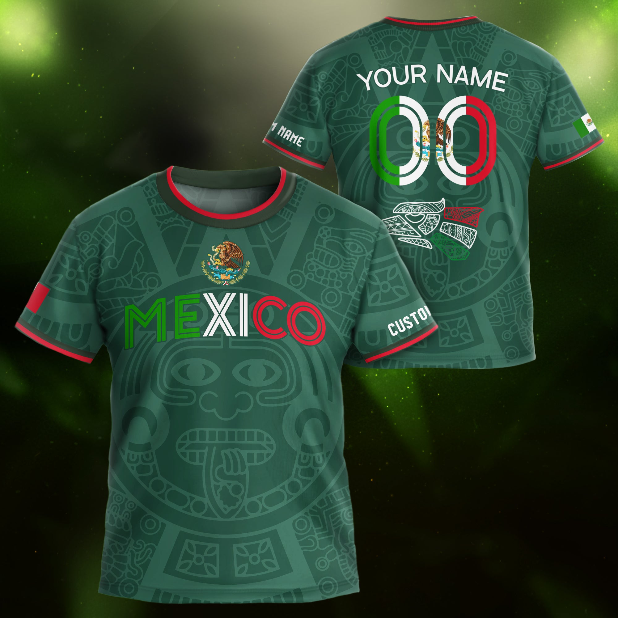 Custom Mexico Kids Soccer Jersey Green Heritage Flag Aztec Pattern Design