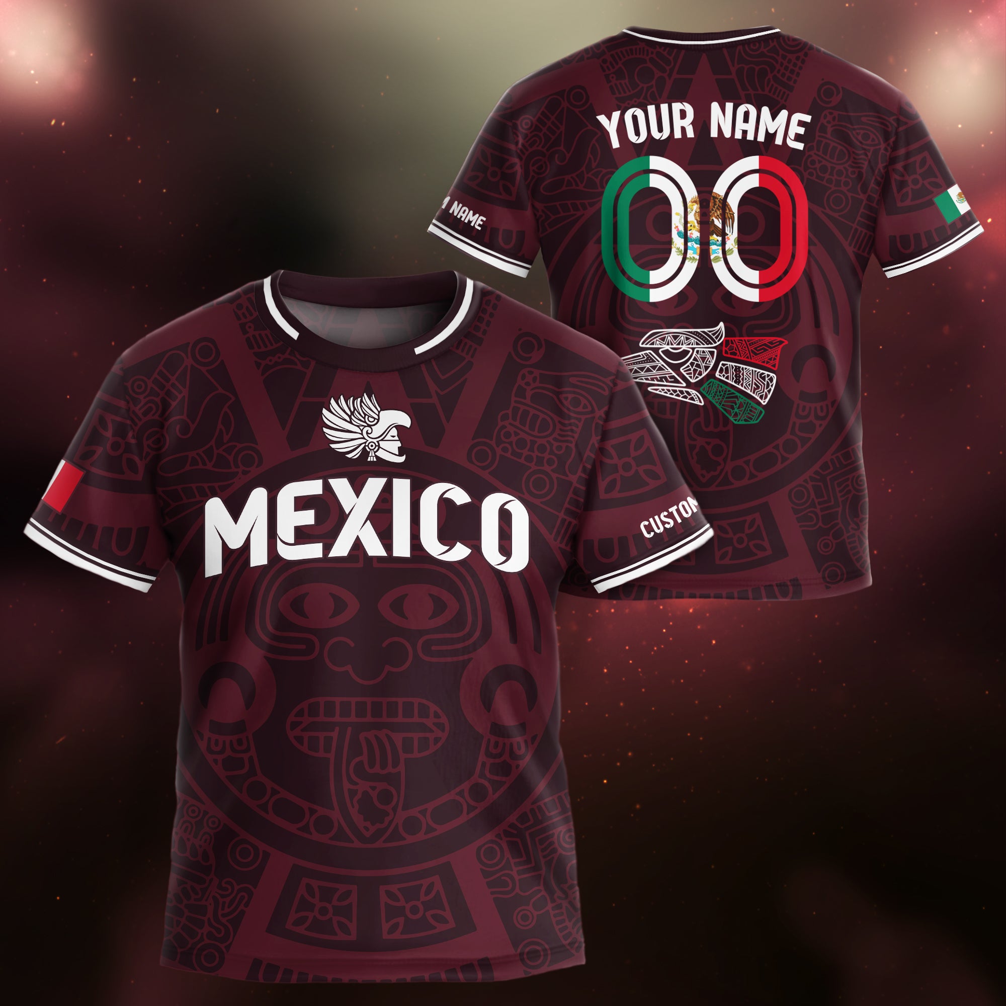 Custom Mexico Kids Soccer Jersey Burgundy Heritage Flag Aztec Pattern Design