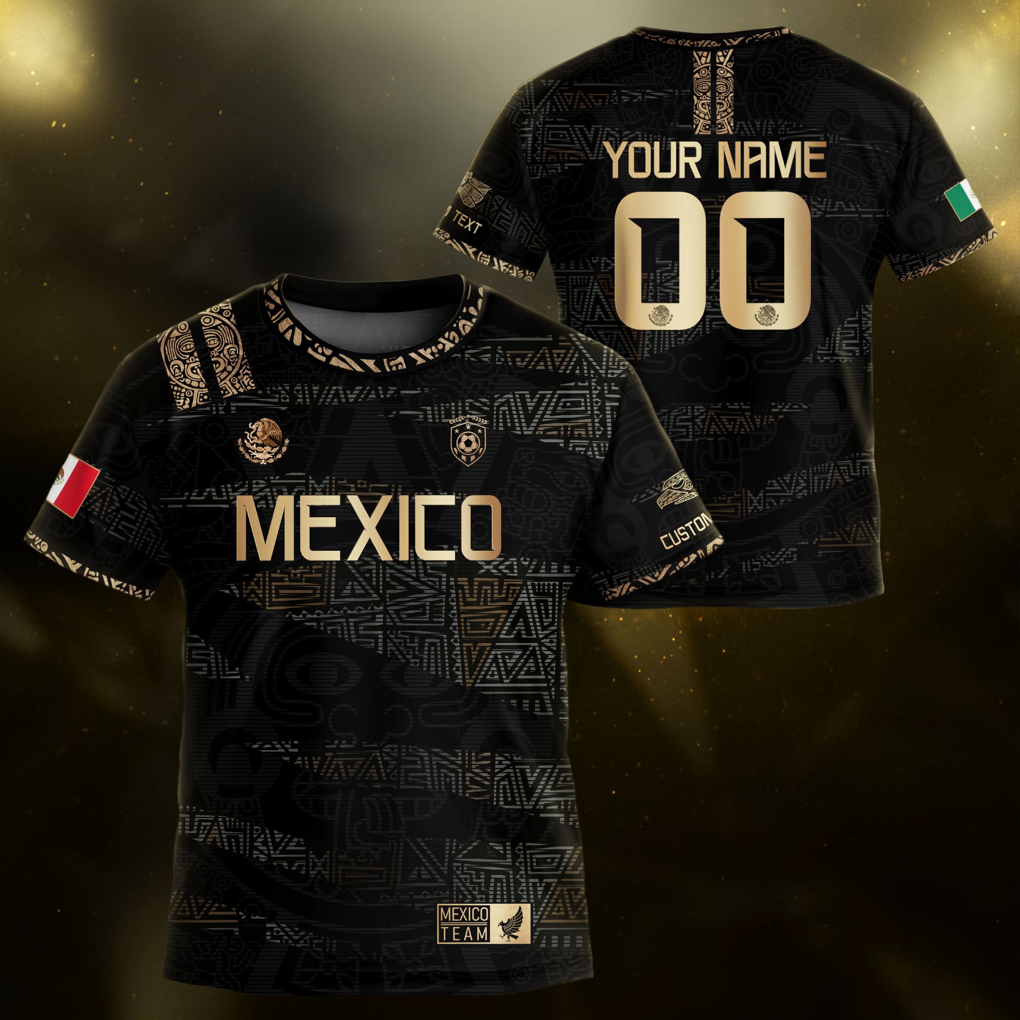 Custom Mexico Kids Soccer Jersey Black Gold Team Edition with Aztec Pattern