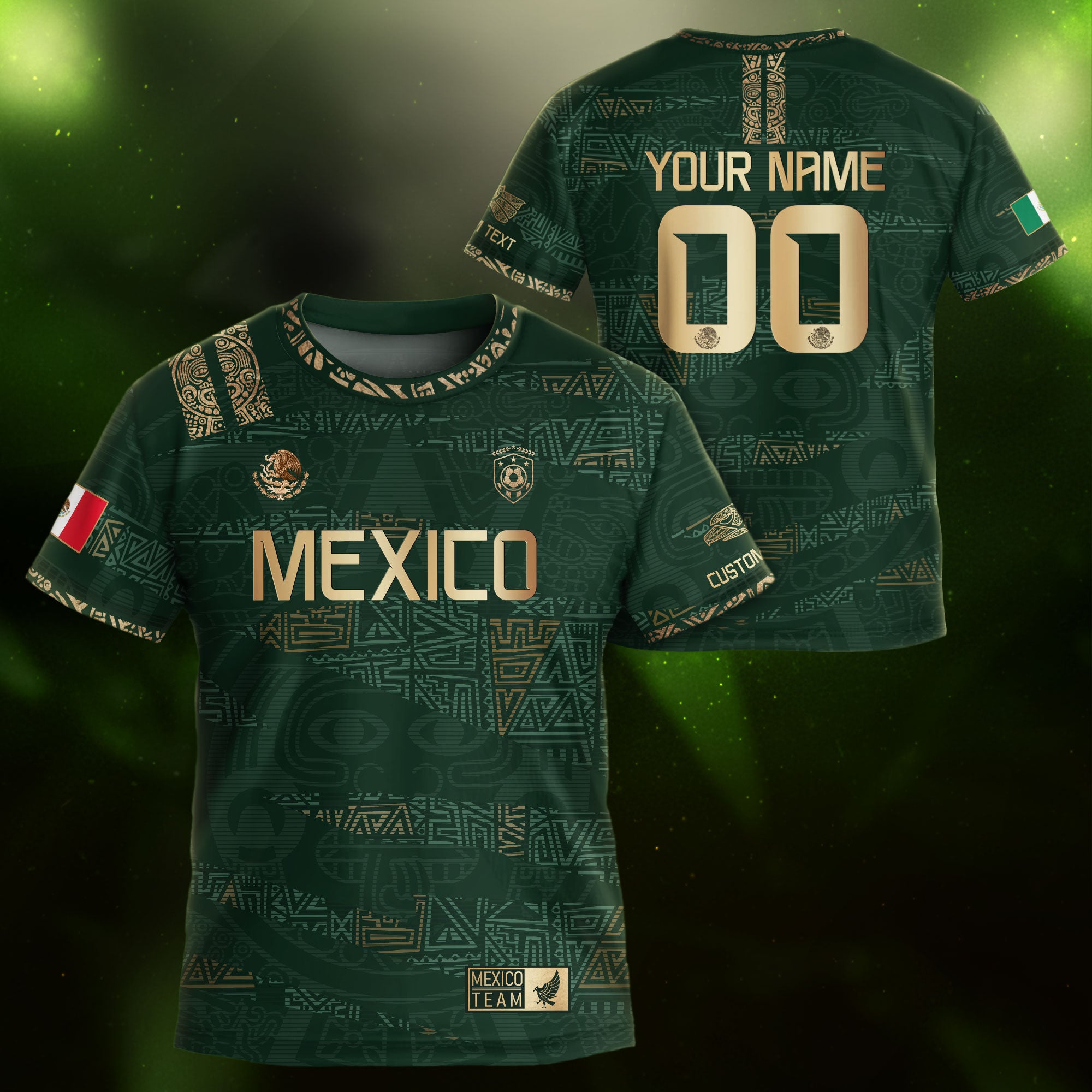 Custom Mexico Kids Soccer Jersey Green Gold Team Edition with Aztec Pattern Design