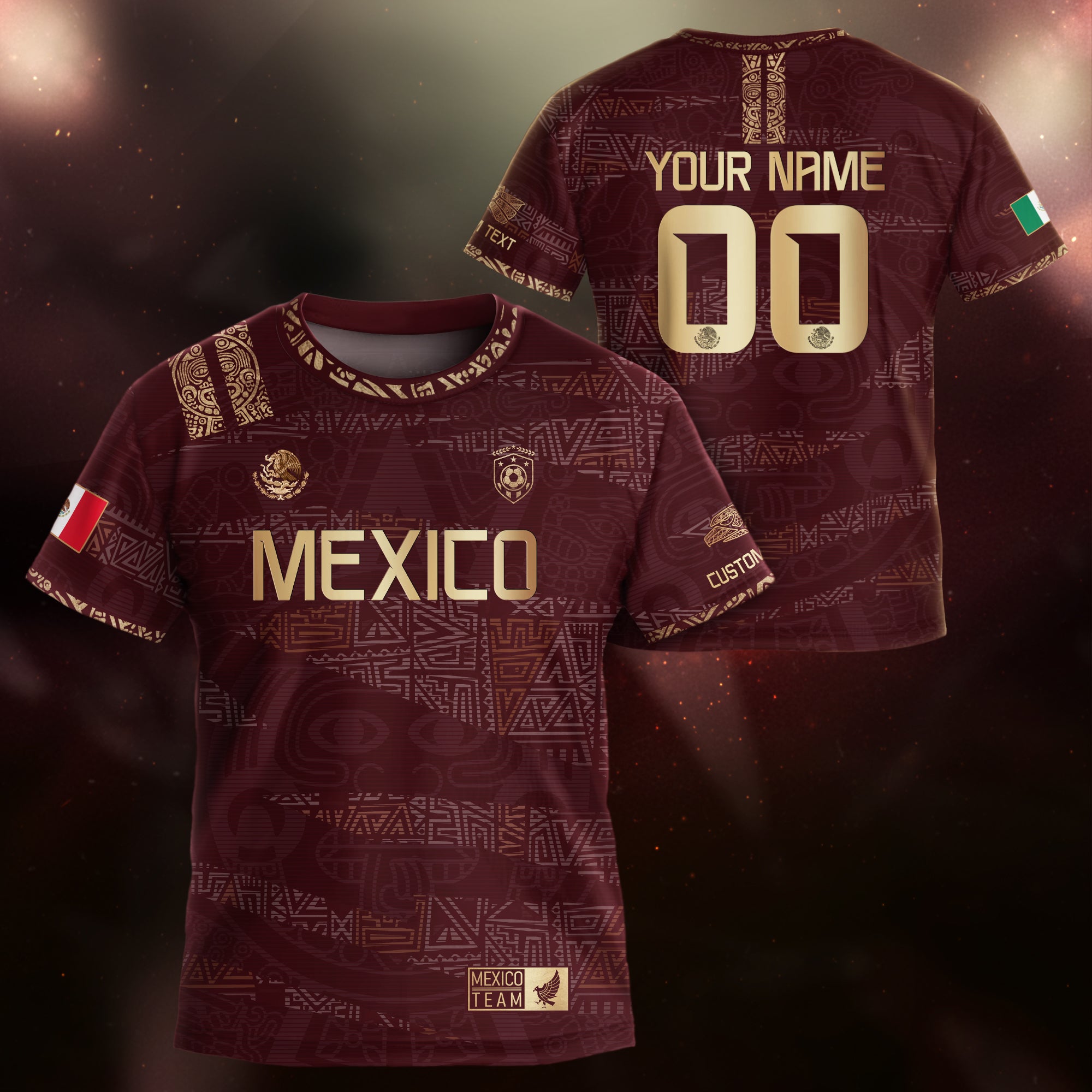 Custom Mexico Kids Soccer Jersey Burgundy Gold Team Edition with Aztec Pattern Design