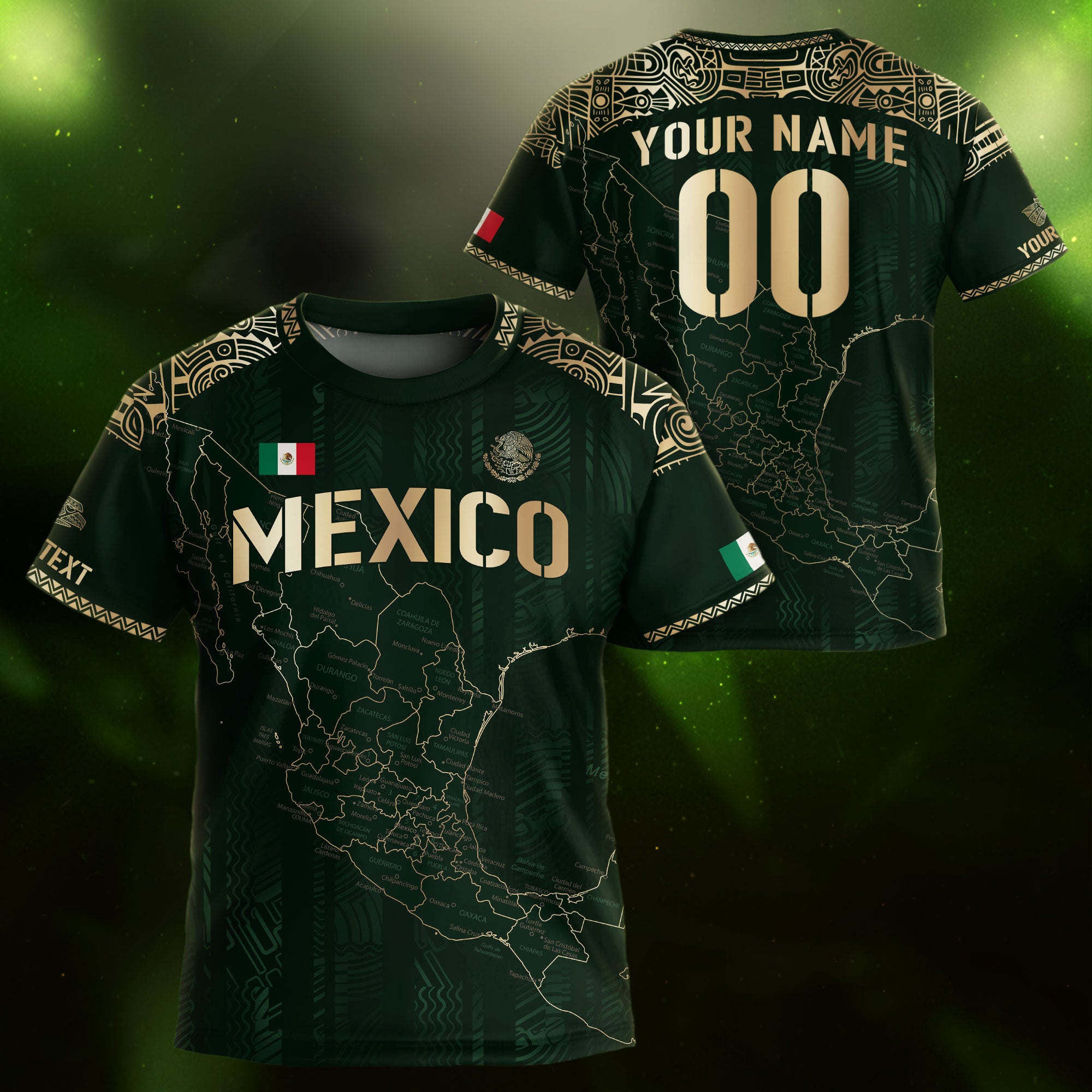 Custom Mexico Kids Soccer Jersey Green Gold Heritage Map Design