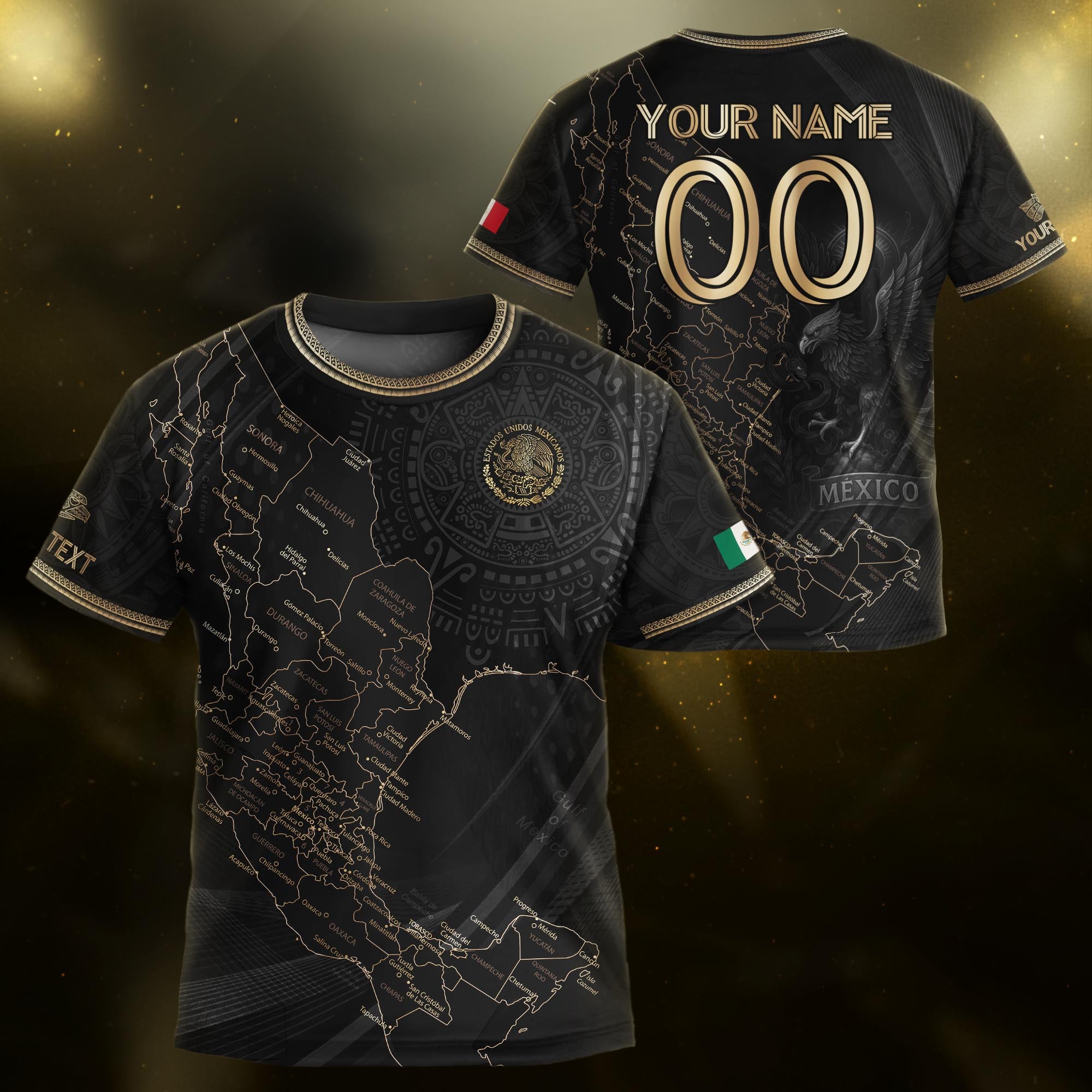 Custom Mexico Kids Soccer Jersey Black Gold Heritage Map Design