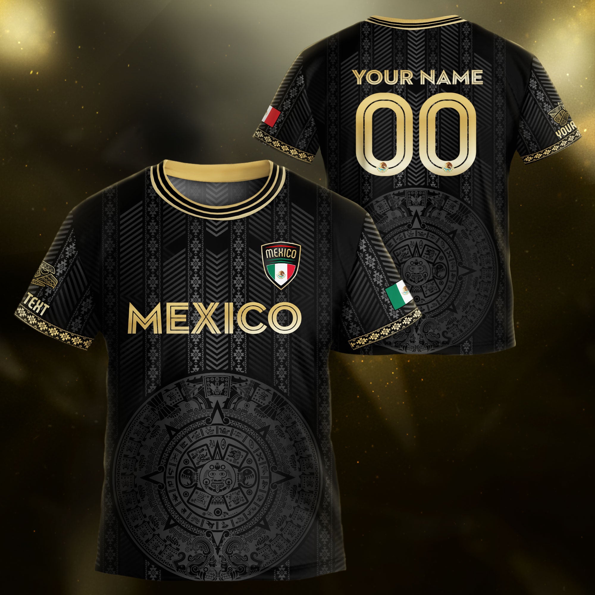 Custom Mexico Kids Soccer Jersey Black Gold Aztec Calendar Design