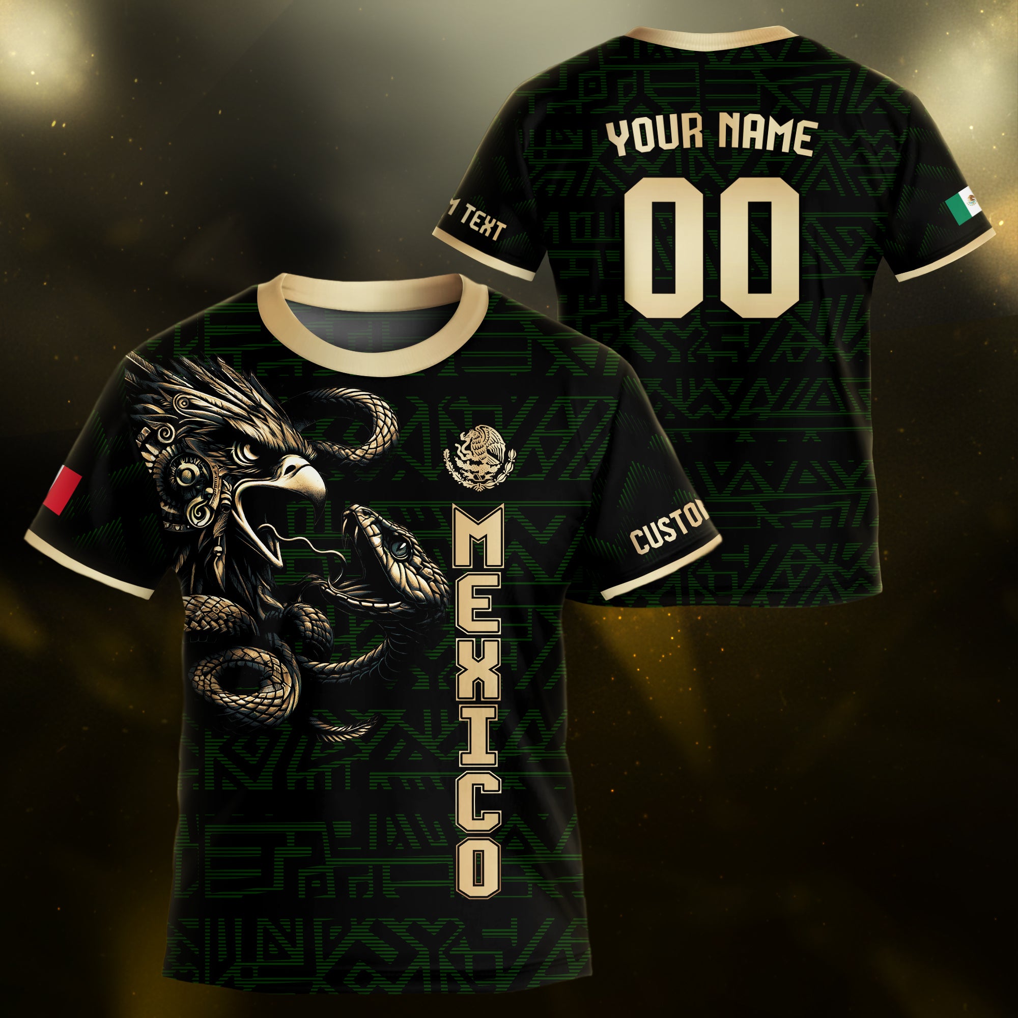 Custom Mexico Kids Soccer Jersey Black Gold Aztec Eagle & Serpent Design