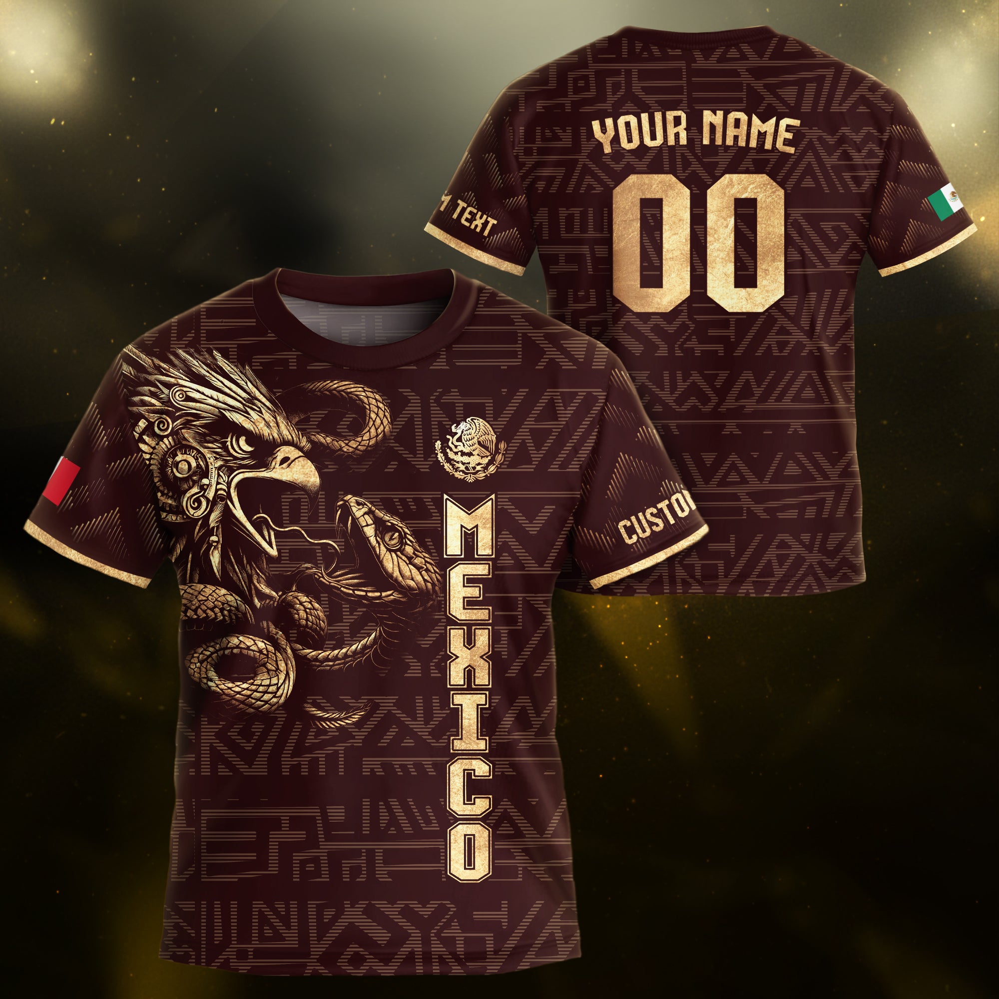 Custom Mexico Kids Soccer Jersey Burgundy Gold Aztec Eagle & Serpent Design