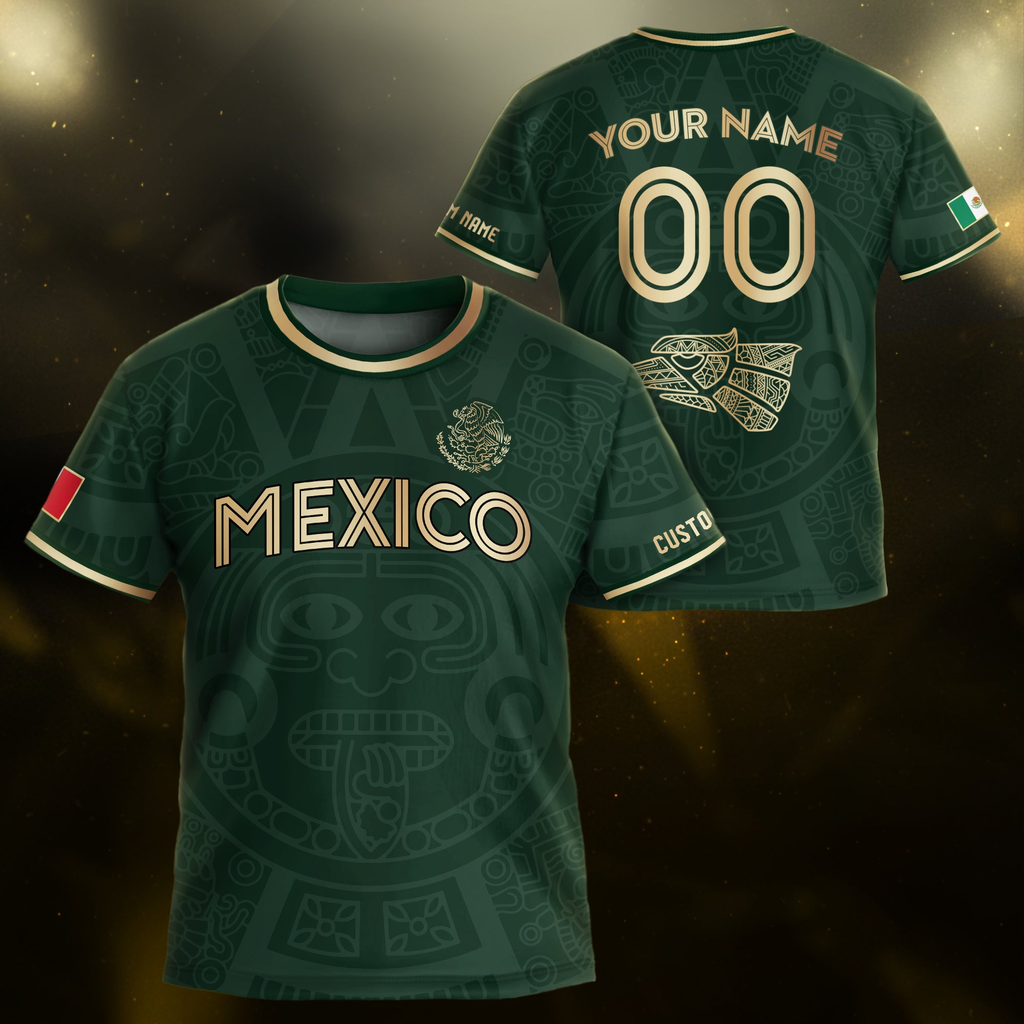 Custom Mexico Kids Soccer Jersey Green Gold Aztec Calendar Heritage Design
